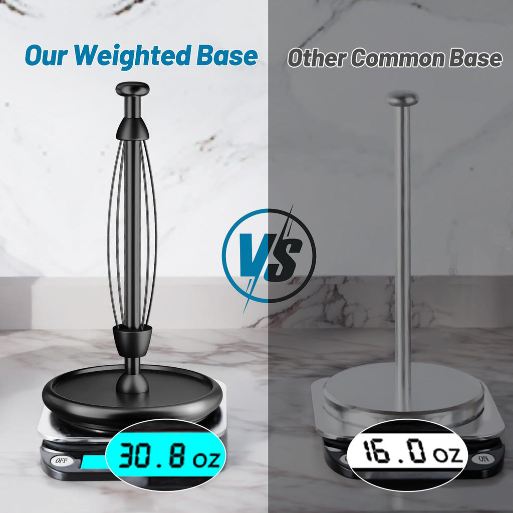 VEHHE Paper Towel Holder Countertop, One-Handed Tear Paper, Weighted Base with EVA Non-Slip Pad, Stainless Steel, Kitchen Towel Holder Stand with Ratchet Mechanism for Kitchen Bathroom Black