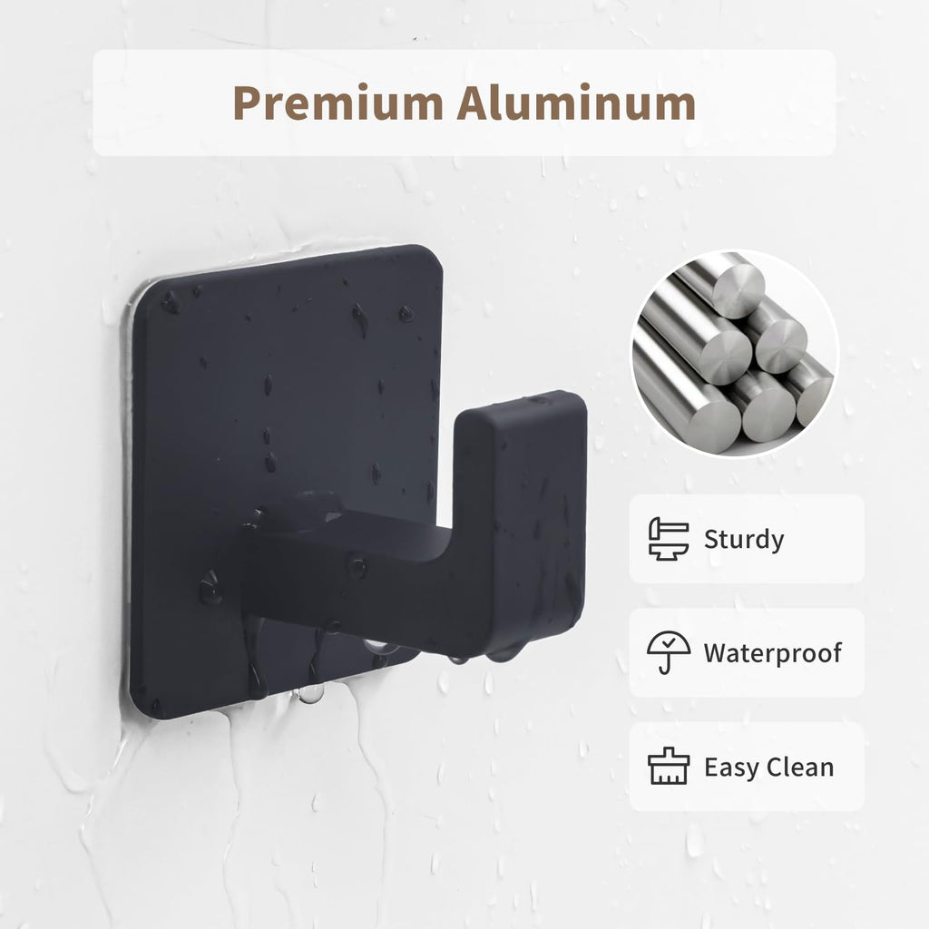 Square Self Adhesive Towel Hooks - 4 Pack Matte Black Stylish Hooks for Hanging Towels, Robes, Hats, and Keys in Bathrooms, Closets, Cabinets, and Behind Doors