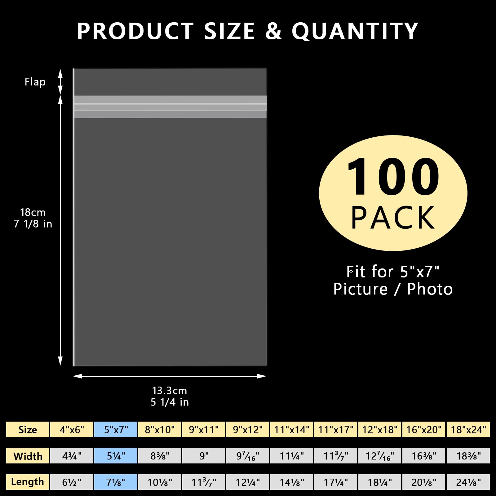 AUEAR, 5"x7" (100 Pack) Clear Plastic Sleeves - Acid Free 1.6mil Crystal Resealable Bags - Fit for 5x7 Art Prints, Photos, Cards & Envelope