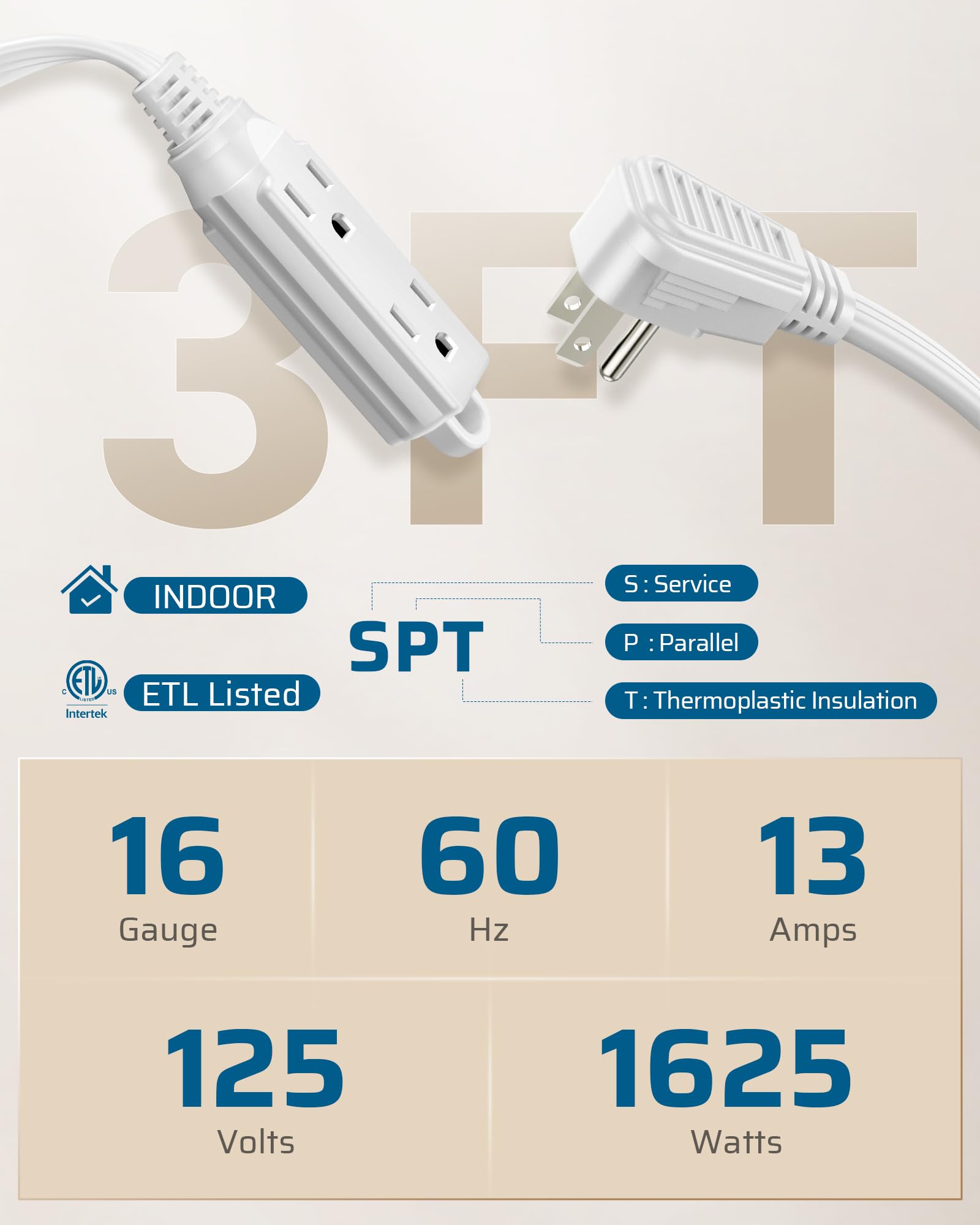 DEWENWILS 3 Outlet Extension Cord with Flat Plug, 3FT 16/3 Awg Grounded Power Cable for Indoor Use, Christmas, SPT-3 Cord, White, ETL Listed, 2 Pack
