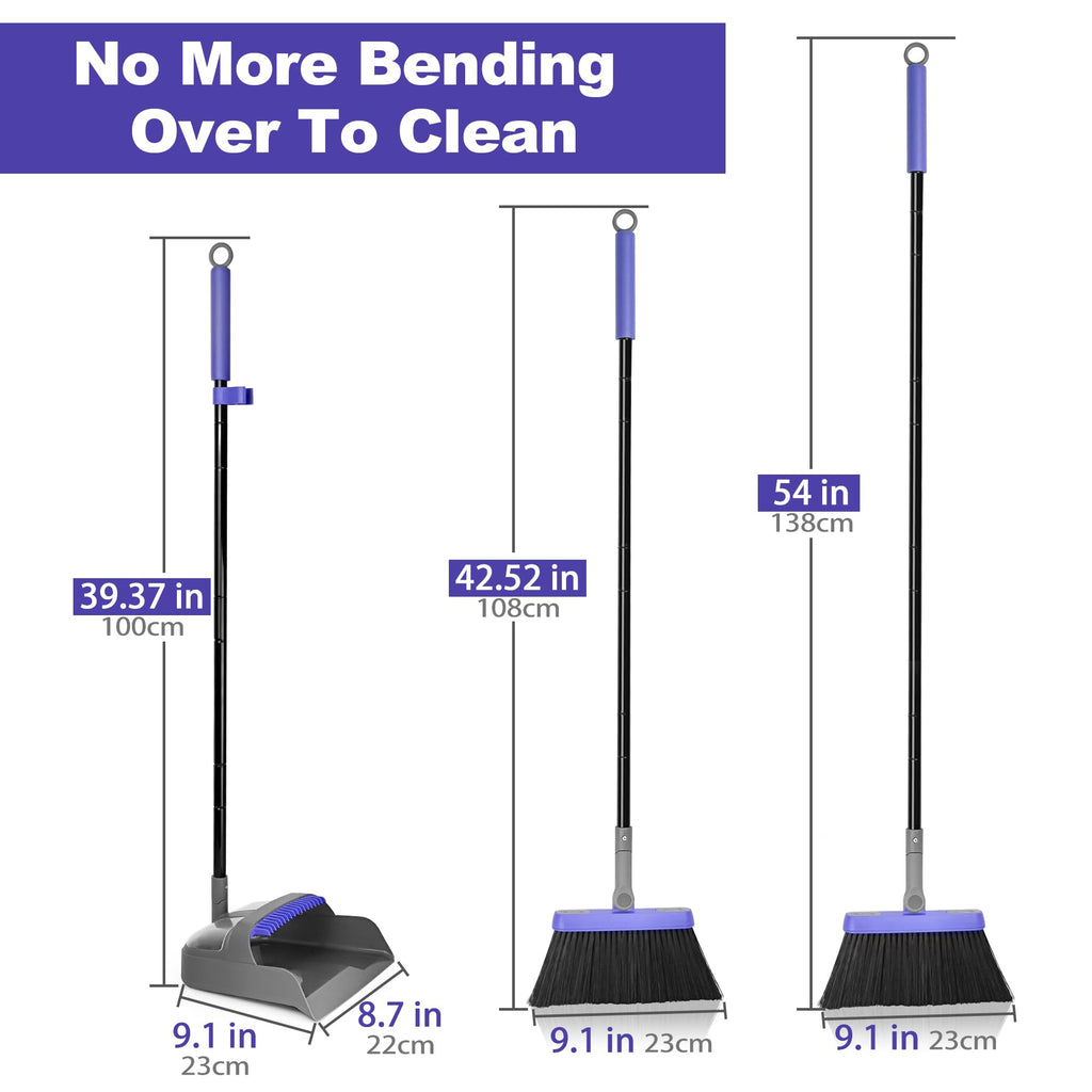 TRENNCHI Broom and Dustpan Set - 54" Long Handle 180° Swivel Broom with Vertical Dustpan Combing Teeth for Indoor Outdoor Cleaning