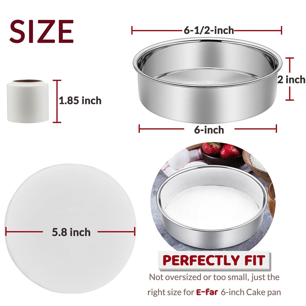 6 Inch Cake Pan Set of 2, E-Far Stainless Steel Round Layer Smash Cake Baking Pans with Parchment Rounds & Side Liner Roll, Non-Toxic & Healthy Metal Cakes Tin, Straight Side & Dishwasher Safe