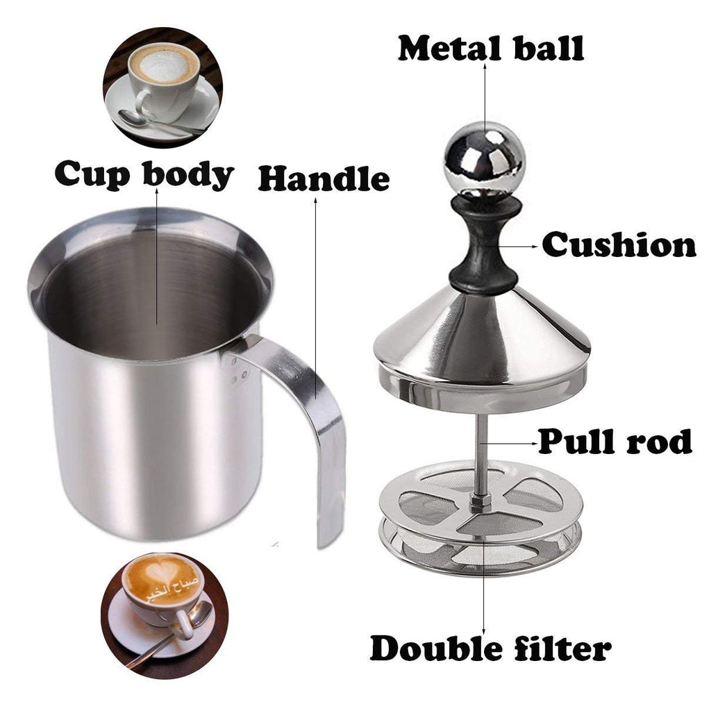 Manual Milk Frother, Stainless Steel Hand Pump Milk Foamer, Handheld Milk Frothing Pitchers,Manual Operated Milk Foam Maker for Cappuccions and Coffee Latte 14-Ounce/400ml