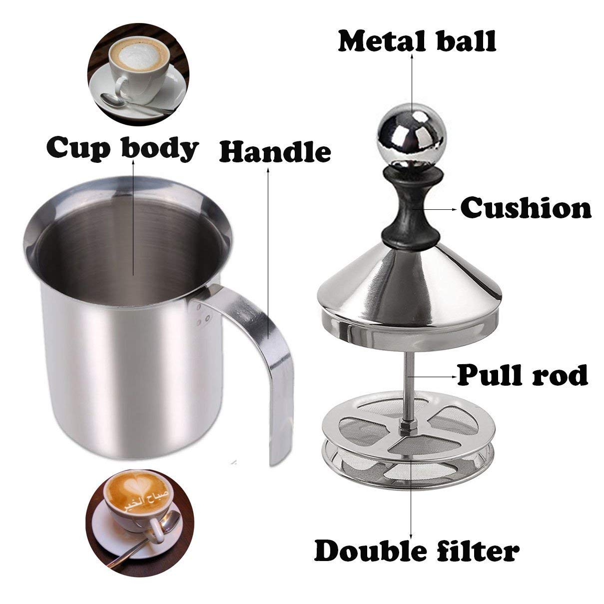 Manual Milk Frother, Stainless Steel Hand Pump Milk Foamer, Handheld Milk Frothing Pitchers,Manual Operated Milk Foam Maker for Cappuccions and Coffee Latte 14-Ounce/400ml