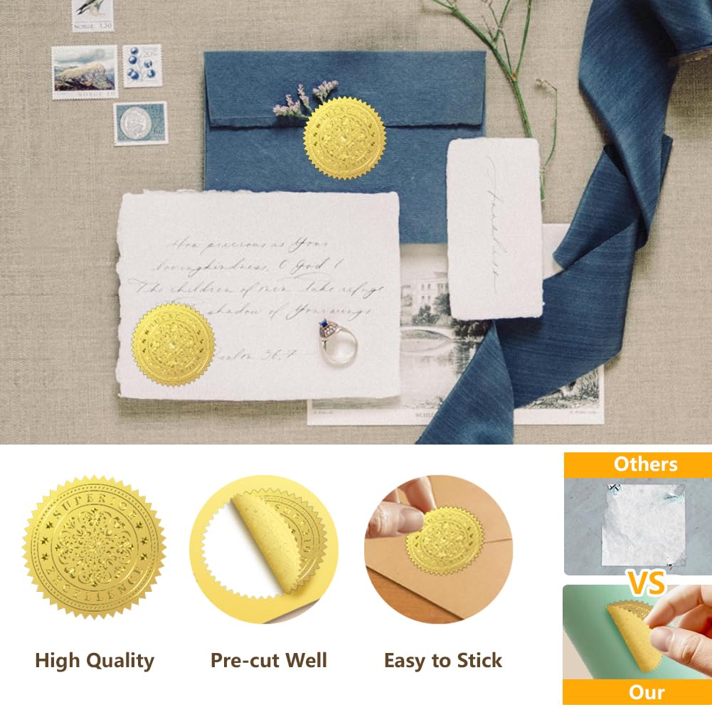 Peacoblue Gold Foil Stickers Seals Official Embossed Star 2 Inch 100Pcs, Self Adhesive Gold Around Embossing Medal Stickers for Certificate Paper, Envelope Seals, Awards and Achievements