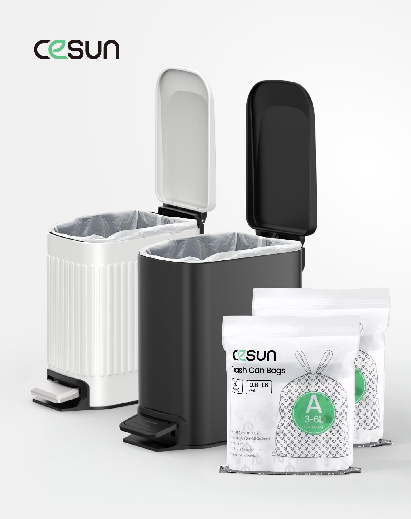Cesun Code A Drawstring Trash Bags 90 Count, Pre Cut 1.6 Gallon / 6 Liter Trash Can Liners, White
