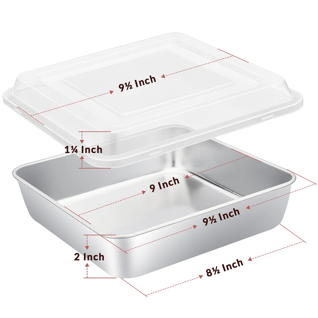 E-far 9 Inch Square Cake Pan with lid, 9x9 Baking Brownie Pans Stainless Steel Bakeware Set of 2, Non-Toxic & Healthy, Easy Clean & Dishwasher Safe - 4 Pieces(2 Pans + 2 Lids)