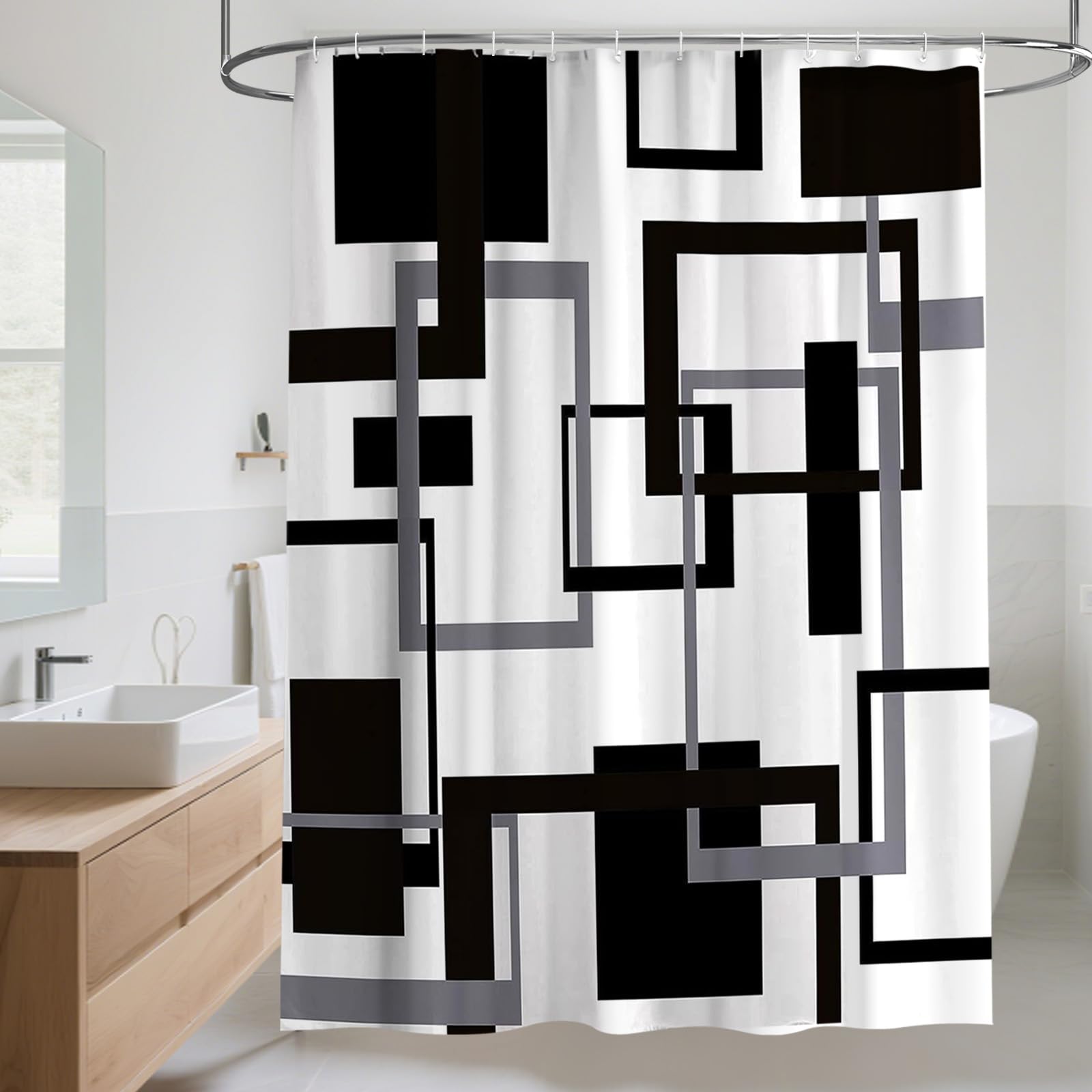 Black and White Shower Curtain, Black Grey Geometric Fabric Shower Curtain Set, Abstract Mid Century Modern Minimalist Waterproof Shower Curtain for Bathroom Decor, 72 x 72