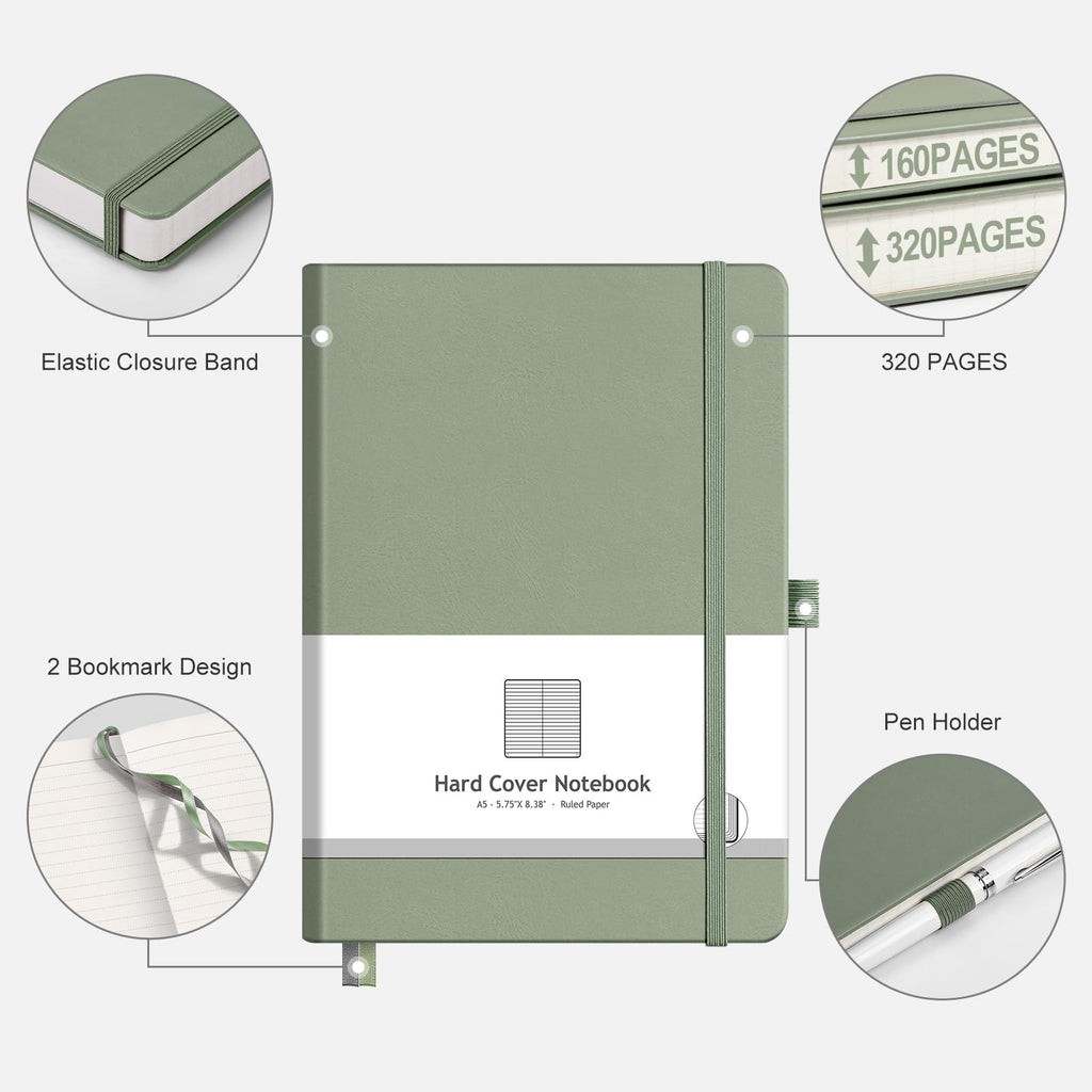 AHGXG Lined Journal Notebook for Work, A5 College Ruled Notebook with 320 Numbered Pages 100 GSM Thick Paper, Hardcover Leather Journal for Women Men Students, 5.7" x 8.3", Sage Green