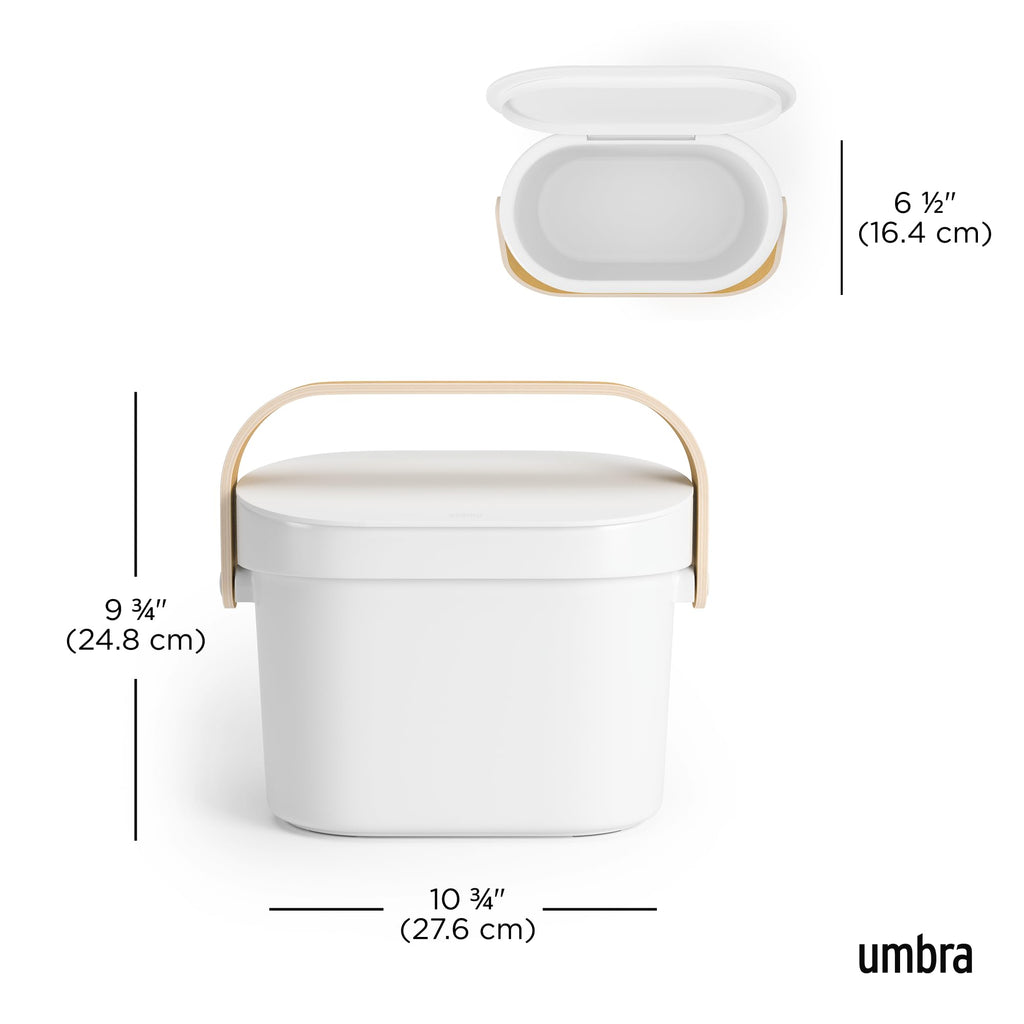 Umbra Bellwood Kitchen Compost Bin – White/Natural, Countertop or Cabinet Mounted, 6L Compost Container with Hidden Bag Retainer, BPA-Free & Dishwasher Safe| Bellwood Collection