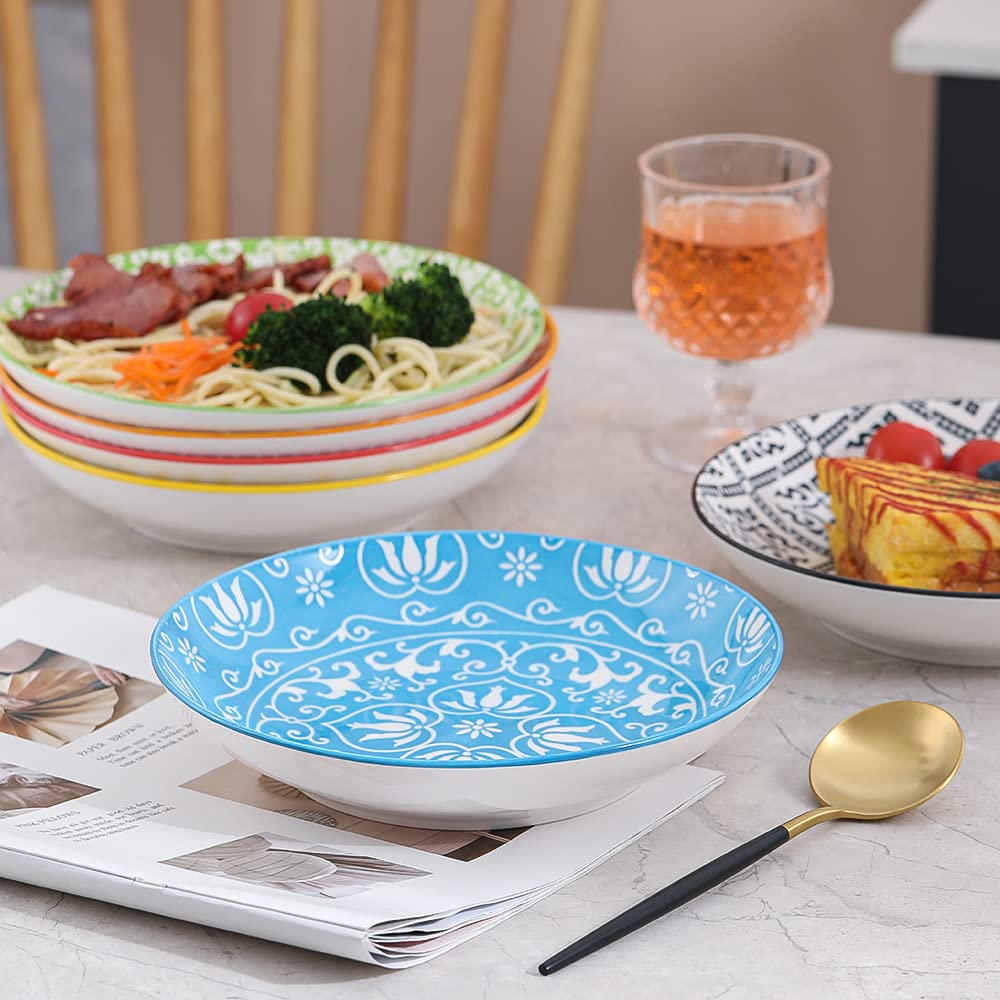 Pasta Bowls Set of 6 – 23 oz Shallow Ceramic Pasta Bowls, Perfect for Pasta, Salad, Soup & More – Microwave, Dishwasher & Oven Safe Colorful Pasta Bowl