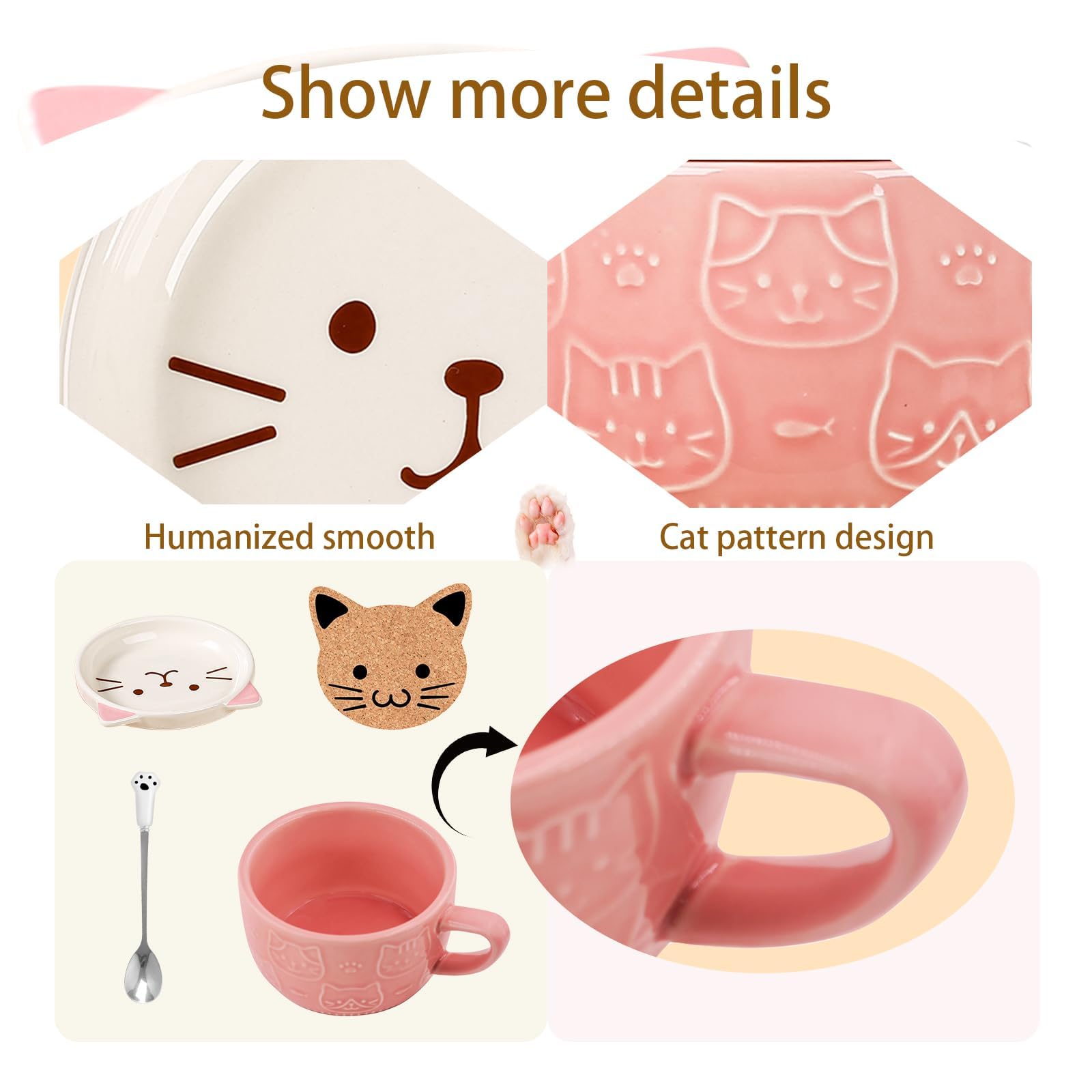 Gifts for Women,Pink Cat Kawaii Coffee Mugs with Lids,Christmas Birthday Gifts for Girls,Friends,Mom,Novelty Animal Ceramic Tea Cup,Dessert Saucer Set