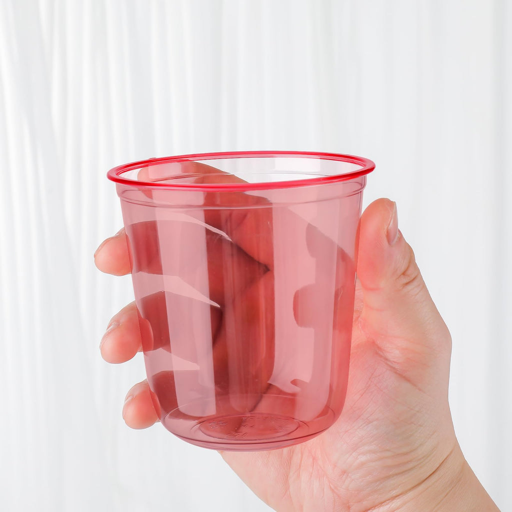 Xuelimei 50pcs 12oz Disposable Stemless Glasses,PET Disposable Drinking Cups,Cold Party Clear Plastic Wine Glasses for Parties Birthday,Wedding,Meeting,Christmas Party Supplies. (Red)