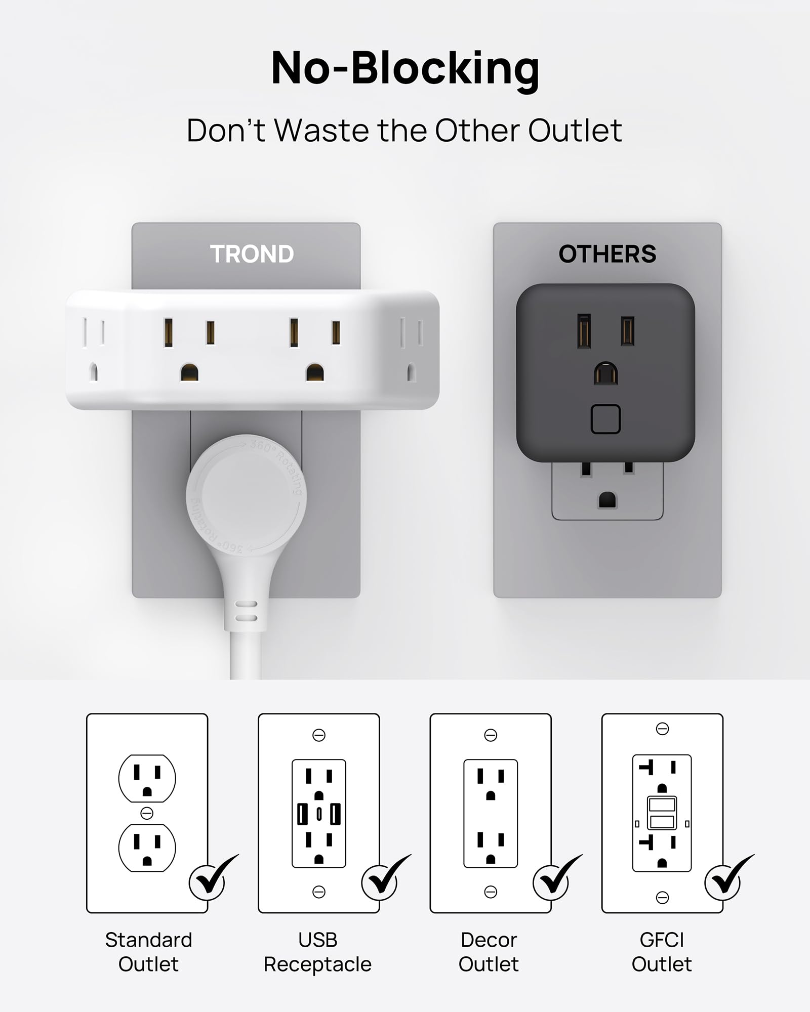 TROND 2 Pack Multi Plug Outlet Extender with Surge Protector, 3 Way Angled Wall Adapter with 4 Outlets, Electrical Wall Splitter, Multiple Plug Expander for Home Office Dorm Room Hotel Travel, White