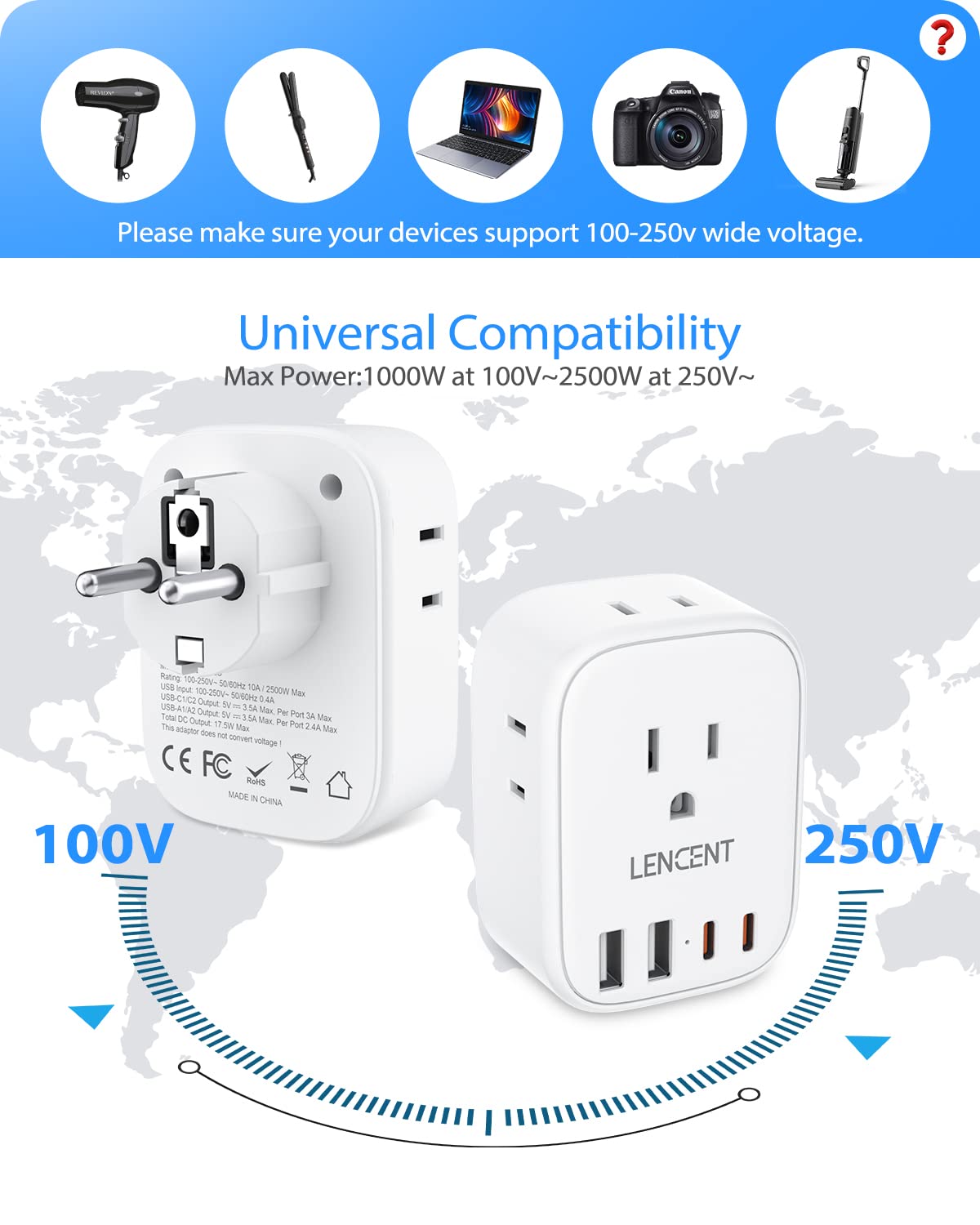 1 Pack Type E/F Travel Adapter,LENCENT Schuko Germany France European Plug Adapter with 4 USB Ports(2 Type C),4 Outlet Converter, Travel Essentials CA/US to EU Spain Norway Iceland Korea Portugal