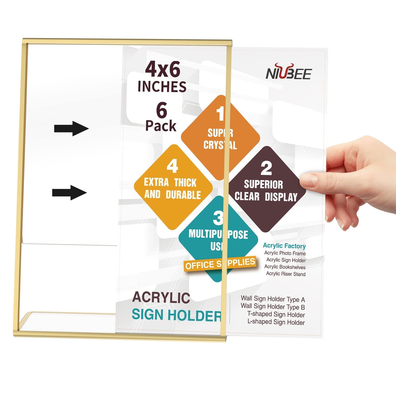 NIUBEE 6 Pack 4 x 6 Acrylic Gold Frame, Slanted Back Table Sign Holder for Wedding Table Numbers, Restaurant Signs