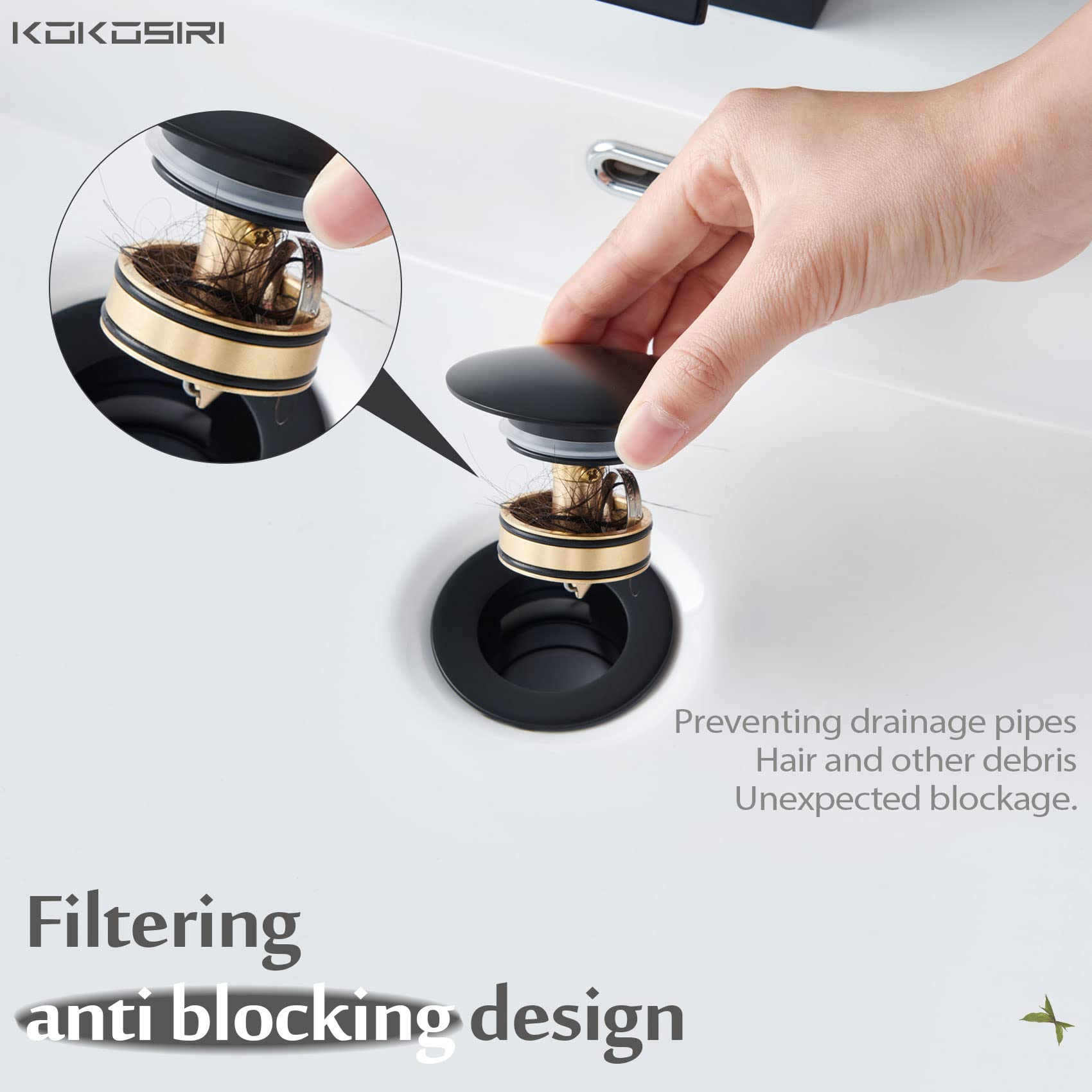KOKOSIRI Pop Up Sink Drain with Strainer Basket, Matte Black Bathroom Sink Drain with Detachable Hair Catcher Anti Clogging for Vanity Vessel Sink Without Overflow, C1002BK