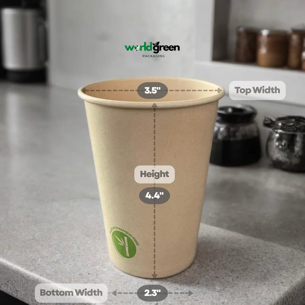 (100 Pack) 12oz Bamboo Hot Coffee Cups - Bamboo Fibre Disposable Coffee Cup for Home and Office