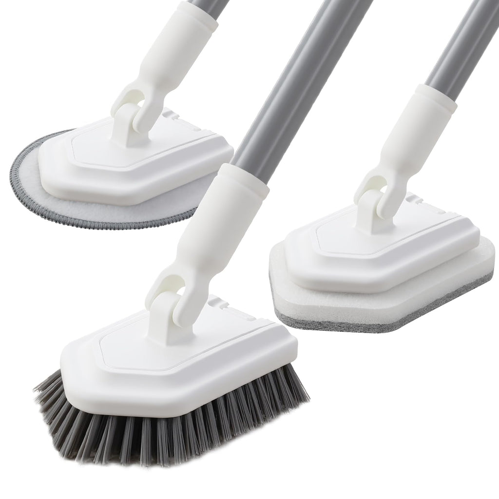 Mitclear Floor Scrub Brush, 3-in-1 Shower Scrubber Tub Tile Floor Cleaner with Adjustable Handle(53IN), Long Floor Cleaning Brush with 3 Detachable Heads for Bathroom Kitchen Tub Tile Floors Walls