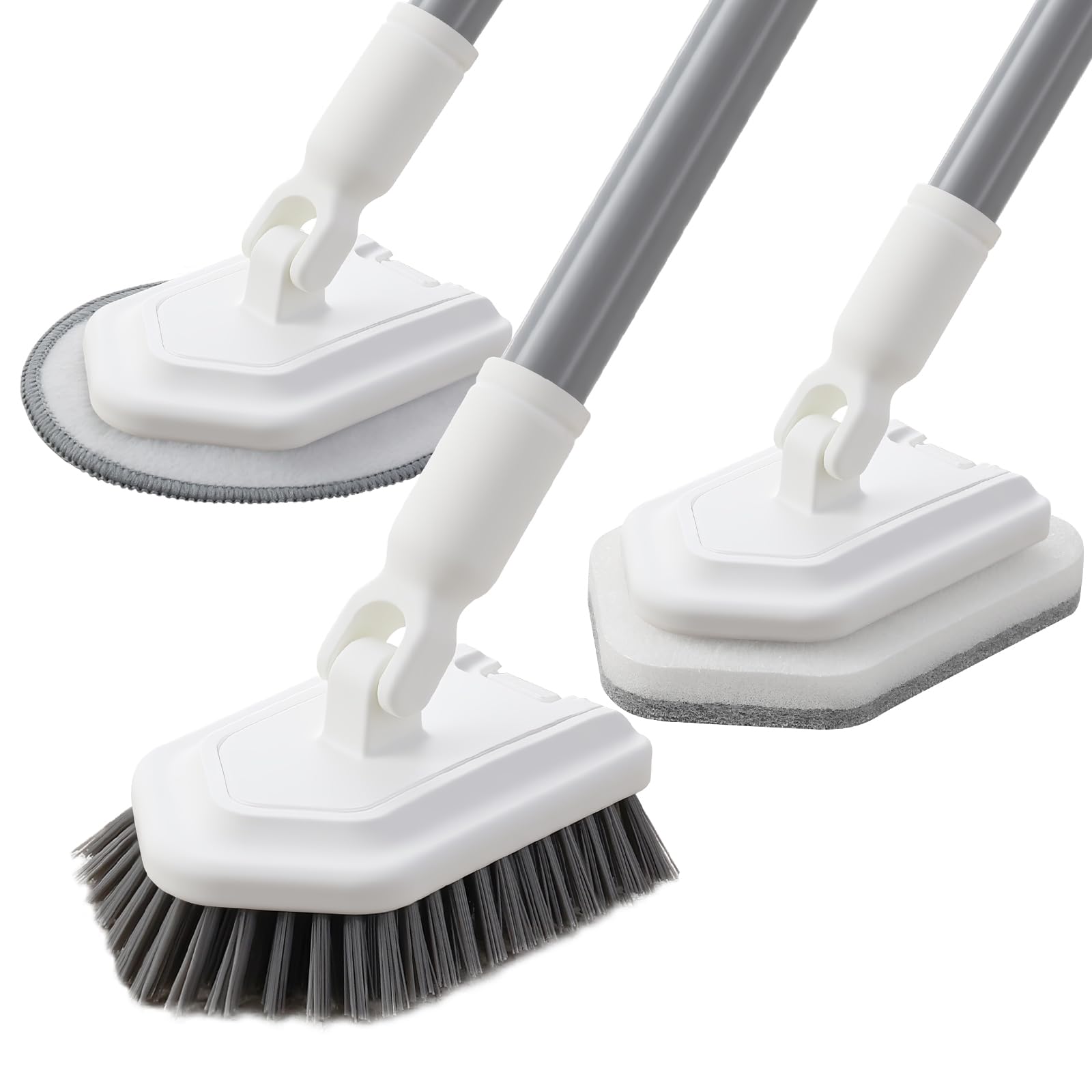 Mitclear Floor Scrub Brush, 3-in-1 Shower Scrubber Tub Tile Floor Cleaner with Adjustable Handle(53IN), Long Floor Cleaning Brush with 3 Detachable Heads for Bathroom Kitchen Tub Tile Floors Walls