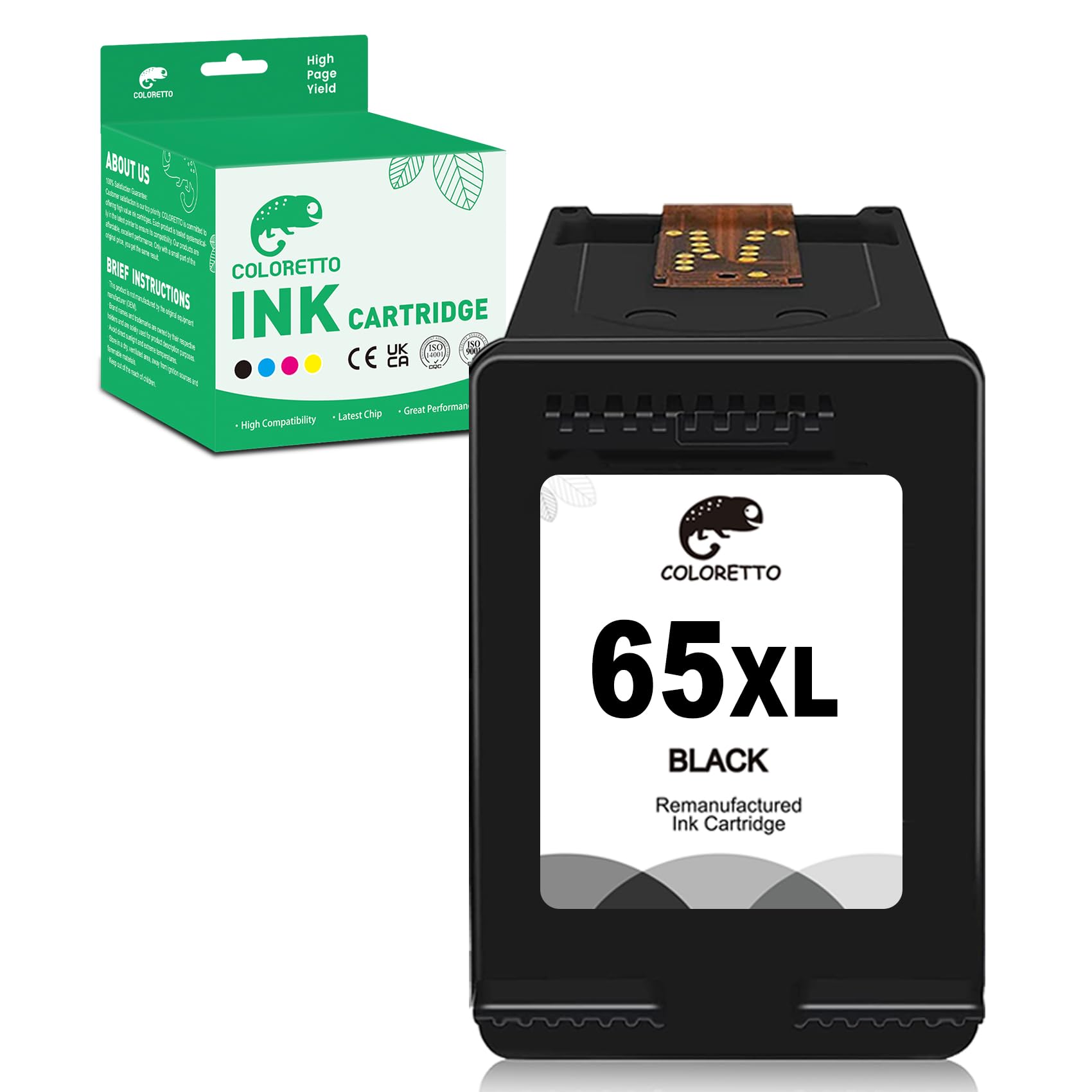 COLORETTO 65XL Black Ink Cartridge For HP DeskJet 2652 Ink 3755 3772 3752 3722 3720 3700 2655 2624 2630 2675 2600 Envy 5055 5052 5000 AMP125 Printer Remanufactured hp65 xl hp 65 High-Yield Noir 1-PACK