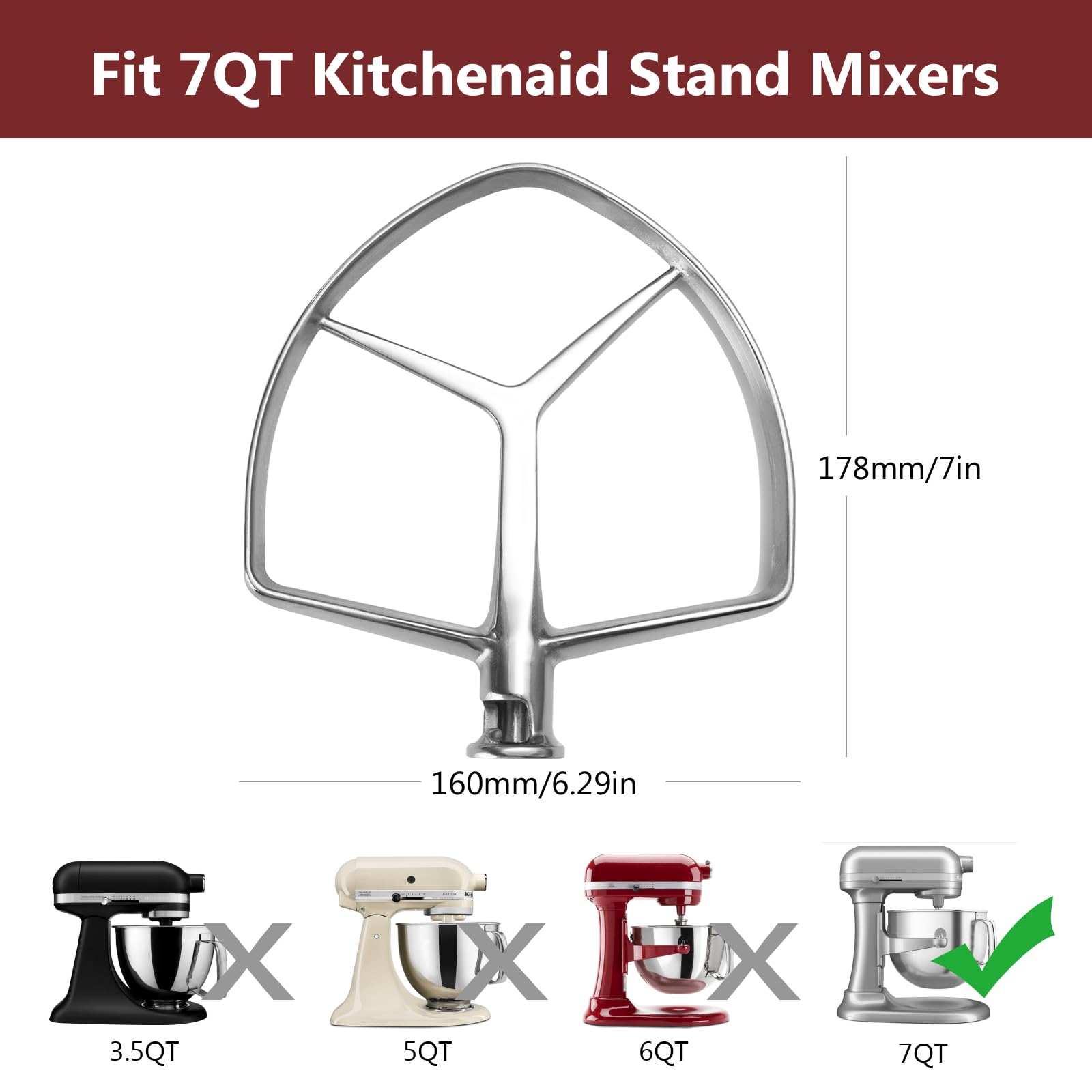 LETOMS Flat Beater for KitchenAid 7 QT Bowl-Lift Stand Mixers, Stainless Steel Paddle Accessories for Kitchen aid, Dishwasher Safe