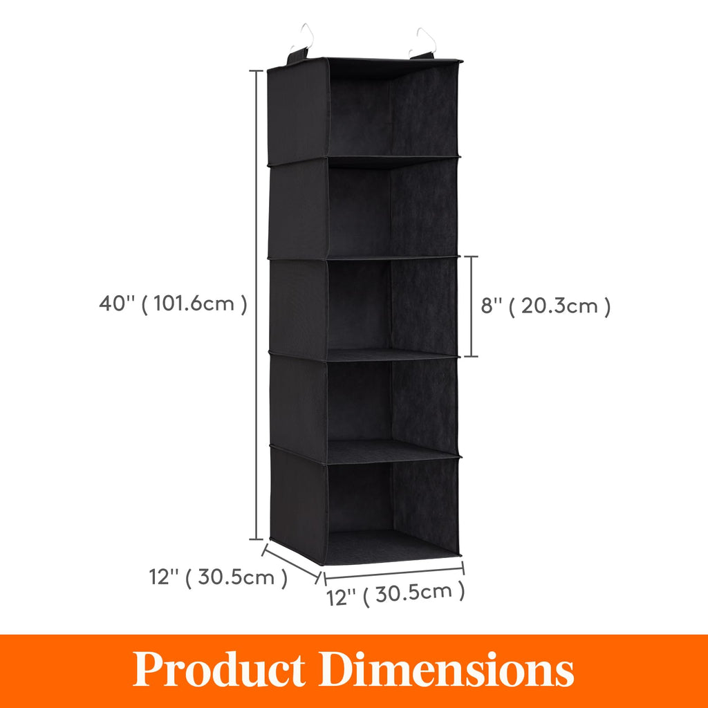Lifewit Hanging Closet Organizer and Storage with 2 Sturdy Hooks, Rangement Garde Robe with Metal Hooks, Closet Shelf Hanging Wardrobe Organizers for Clothes, Towels, Shoes, 5 Shelves, 2 Pack, Black
