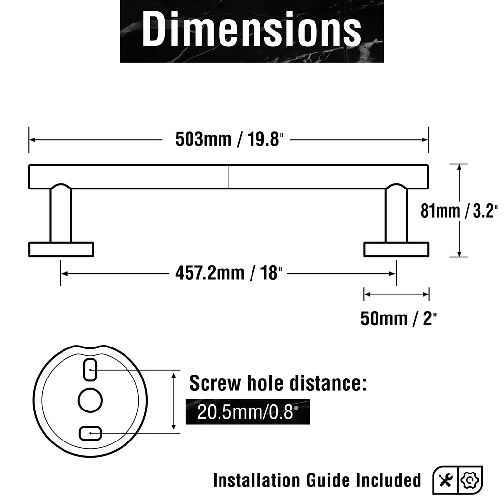 HITSLAM Matte Black 18 Inch Towel Bar for Bathroom, SUS304 Stainless Steel Bathroom Towel Rack Wall Mounted, Modern Home Decor Towel Holder with Hardware Accessories(Total Length 19.8 Inch)