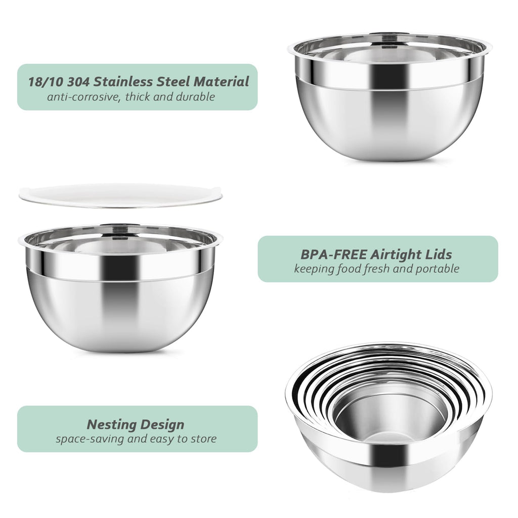 Luvan 18/10 304 Stainless Steel Mixing Bowl,Set of 6(1,1.5,1.9,2.6,3.4,4.2QT),with Airtight Lids,Nesting Bowls for Space Saving Storage,Dishwasher Safe, Great for Mixing,Baking, Prepping