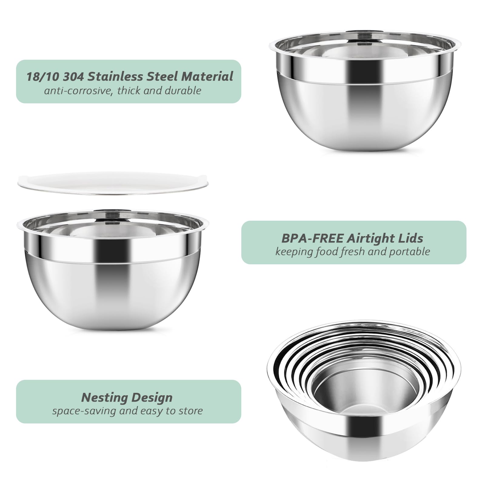 Luvan 18/10 304 Stainless Steel Mixing Bowl,Set of 6(1,1.5,1.9,2.6,3.4,4.2QT),with Airtight Lids,Nesting Bowls for Space Saving Storage,Dishwasher Safe, Great for Mixing,Baking, Prepping