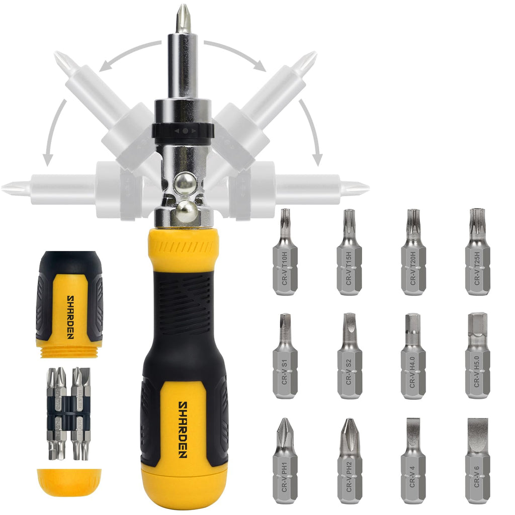 SHARDEN Ratcheting Multi Bit Screwdriver - 13-in-1 Tool Set, Flat Head/Square/Torx/Hex/Phillips, 180 Degree Pivoting Adjustable Angle Magnetic Screwdriver