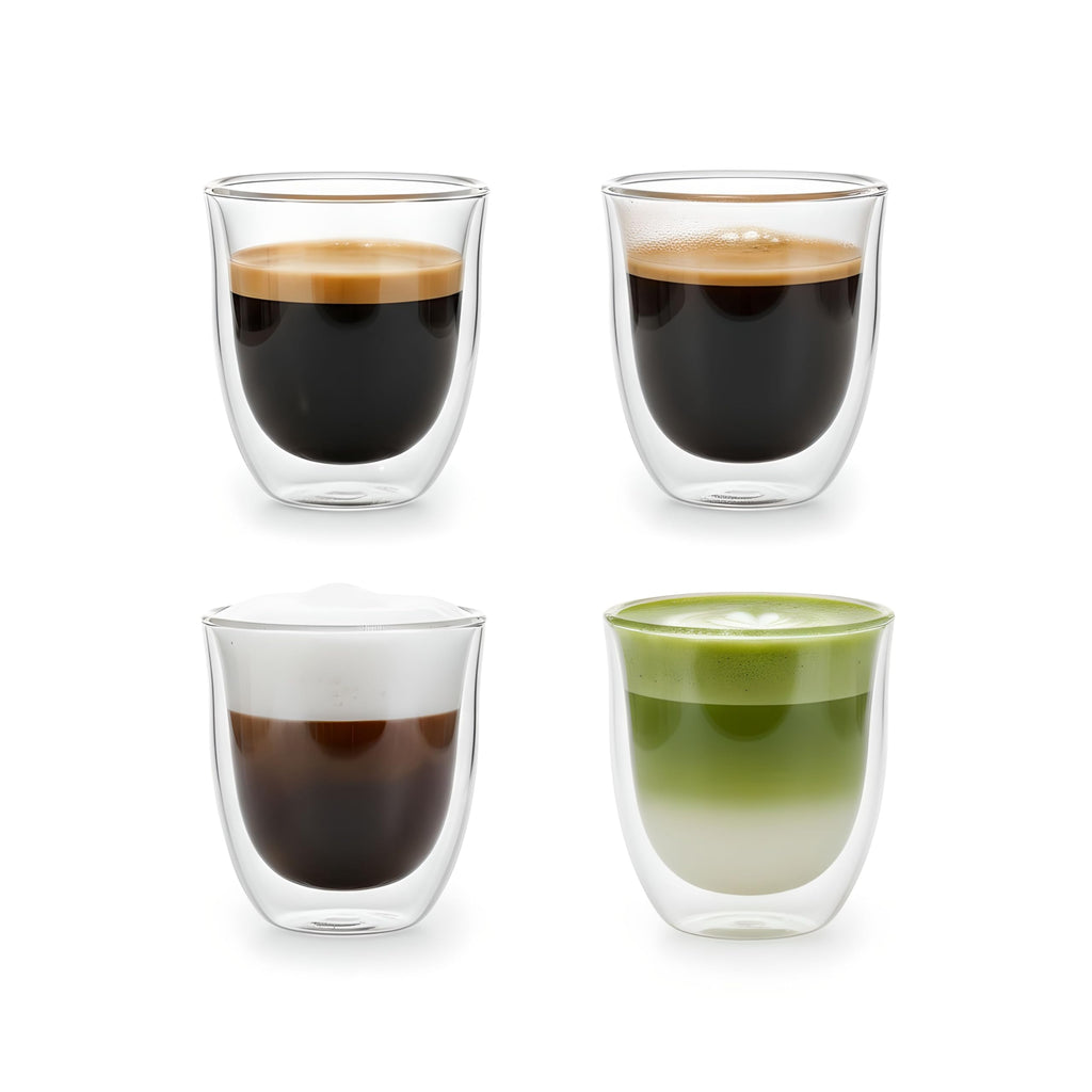 5oz / 150ml Double Walled Espresso Cups, Set of 4 - Glass Coffee Mugs for Cortado, Lungo & Nespresso - Clear Thermal Insulated Demitasse for Cappuccino & Latte - Modern Tasse à Café