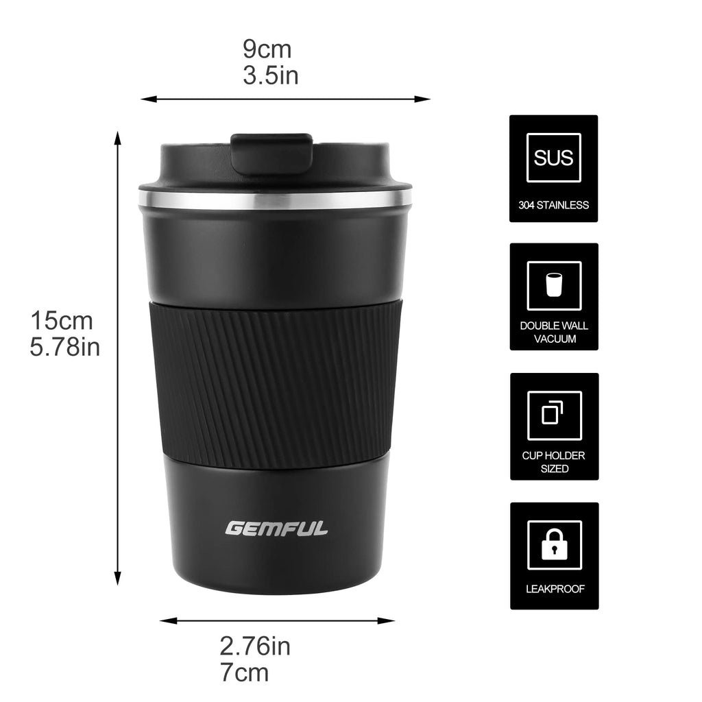 GEMFUL Set of 2 380ml Insulated Travel Mugs Leak Proof Stainless Steel Coffee Tumblers Double Wall Vacuum Coffee Cups to Go for Hot Cold Drinks Office Car Commute 13oz (Black+White)