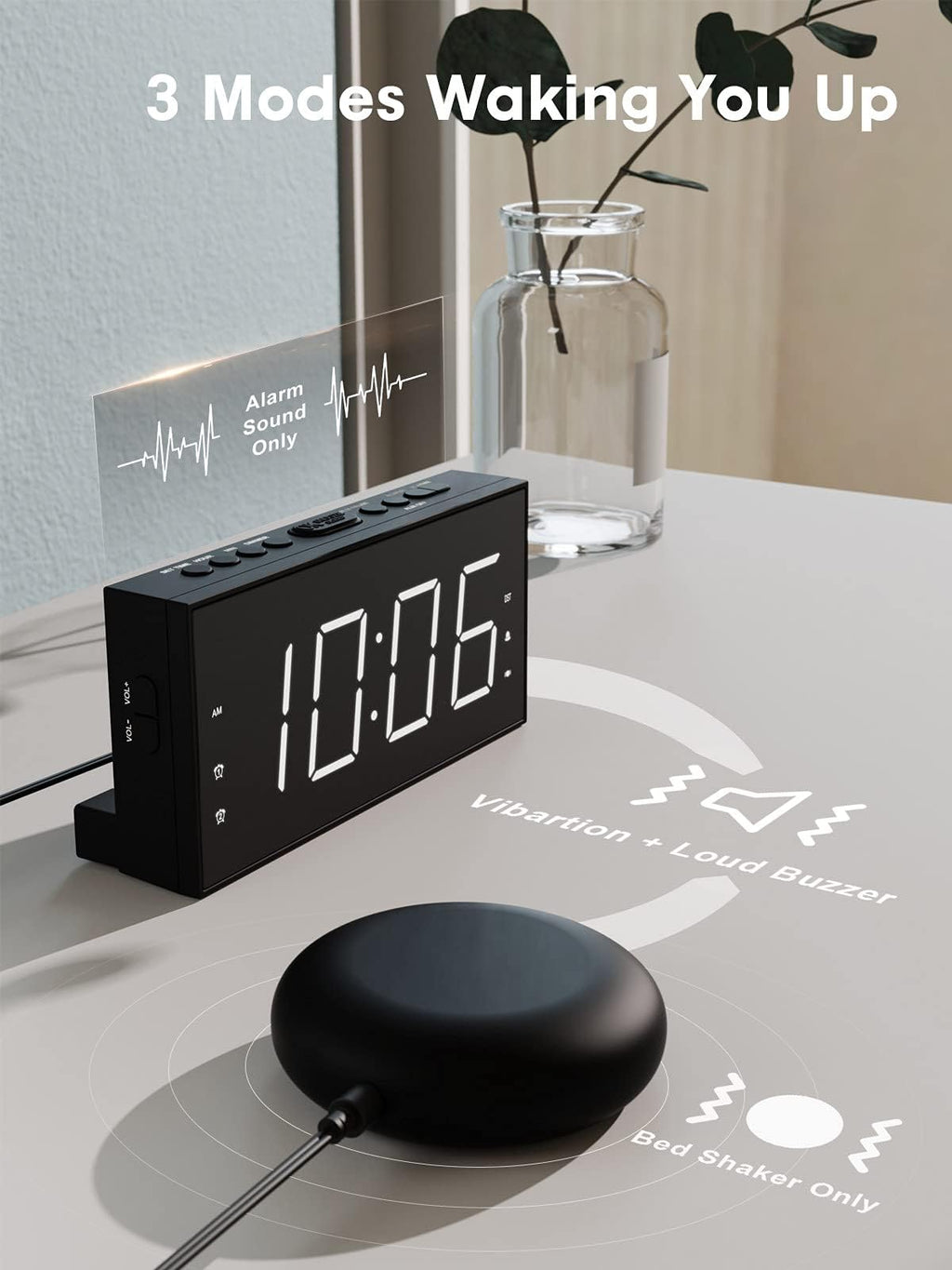 ROCAM Alarm Clock for Heavy Sleepers, Vibrating Alarm Clock with Bed Shaker Dual Alarms, 7.5" Large LED Display with 5 Brightness Dimmer, Alarm Clocks for Bedrooms, Deaf People