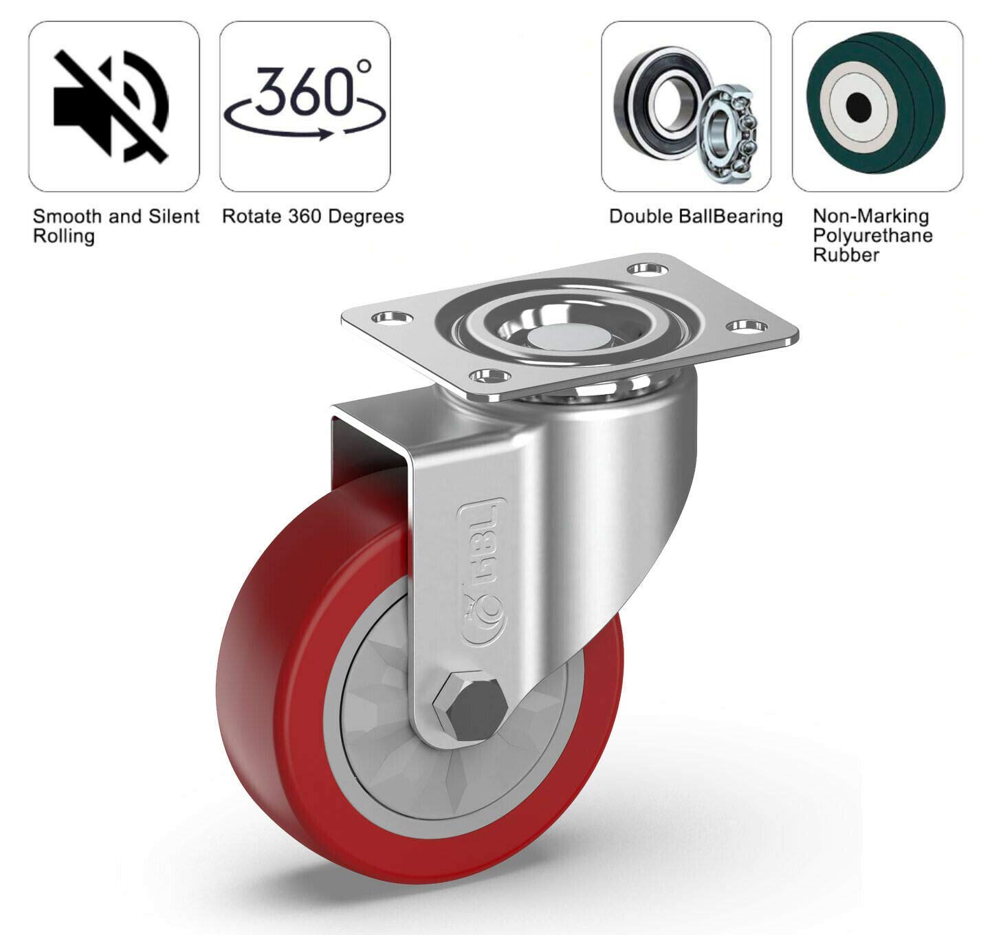 GBL 4" Heavy Duty Caster Wheels Without Brakes + Screws - up to 1320Lbs - Set of 4 No Floor Marks Silent Castor for Furniture - Rubbered Dolly Swivel Wheels - Silver Casters