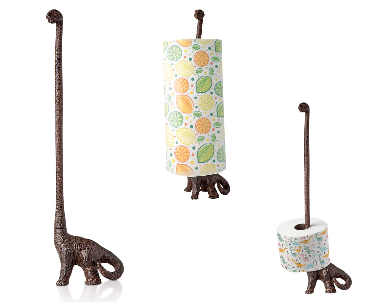 Comfify Cast Iron Dinosaur Paper Towel Holder or Free Standing Toilet Paper Holder - Rustic Brown w/Vintage Finish