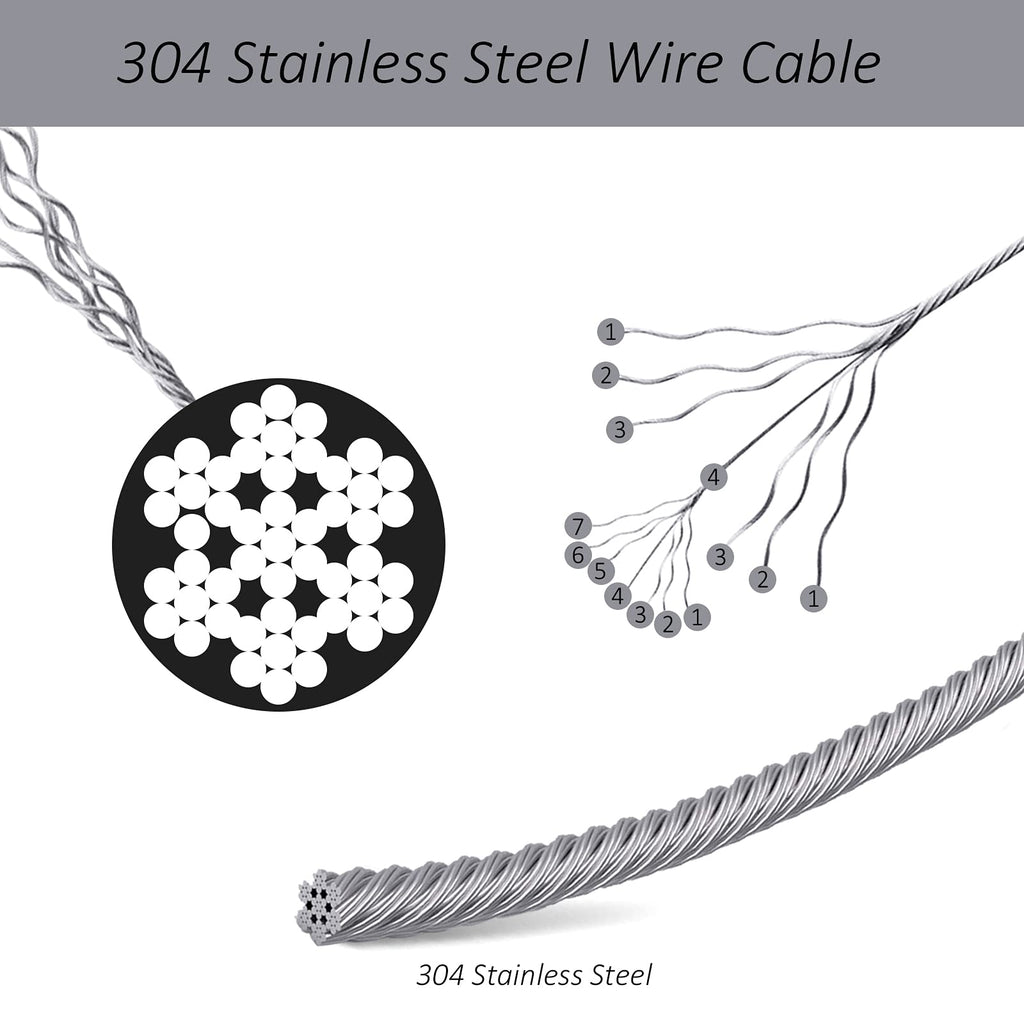Little World 1/16 Wire Rope, 304 Stainless Steel Wire Cable, 7x7 Strand Core, 328FT Length Aircraft Cable, 368 lbs Breaking Strength with 100 Pcs Aluminum Crimping Sleeves
