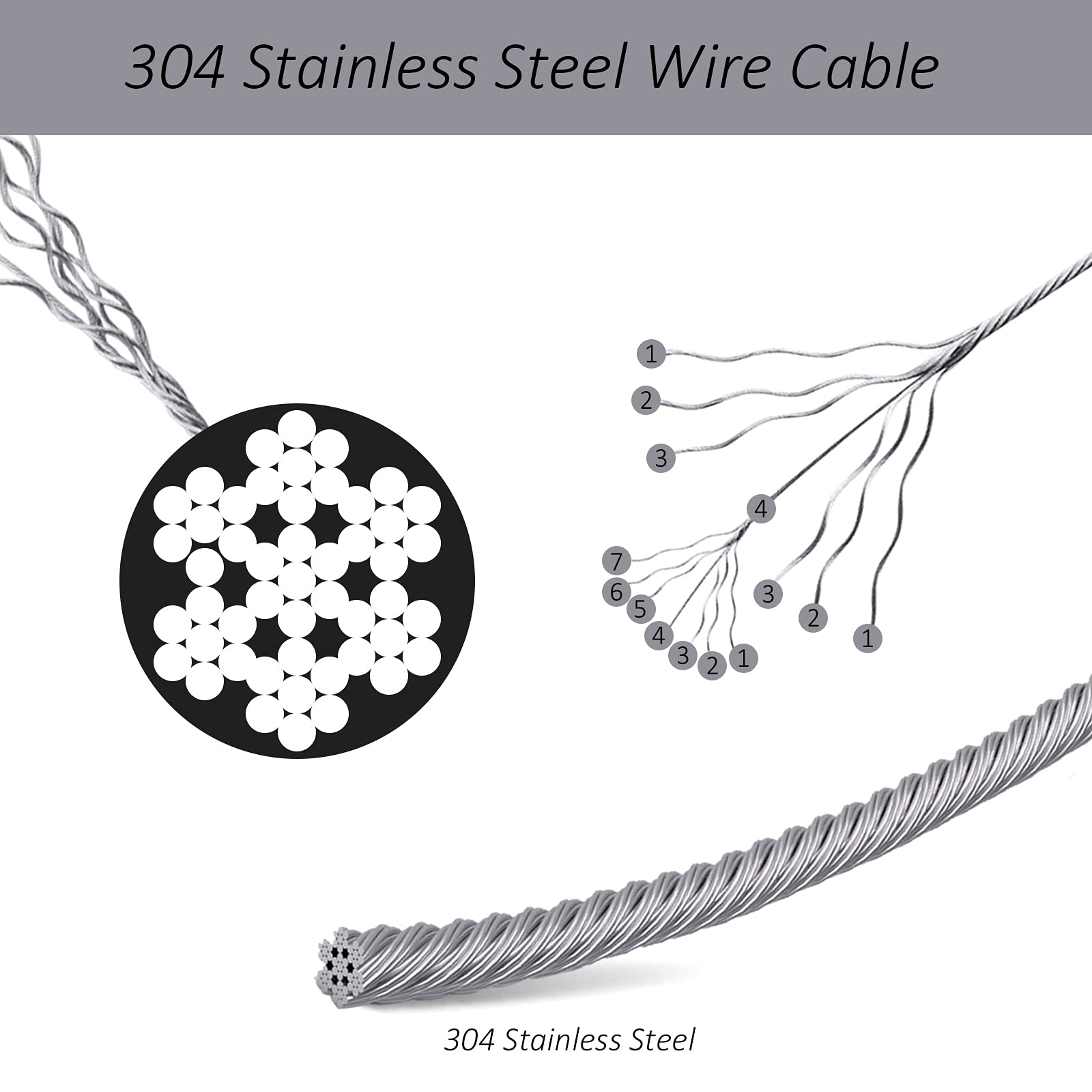 Little World 1/16 Wire Rope, 304 Stainless Steel Wire Cable, 7x7 Strand Core, 328FT Length Aircraft Cable, 368 lbs Breaking Strength with 100 Pcs Aluminum Crimping Sleeves