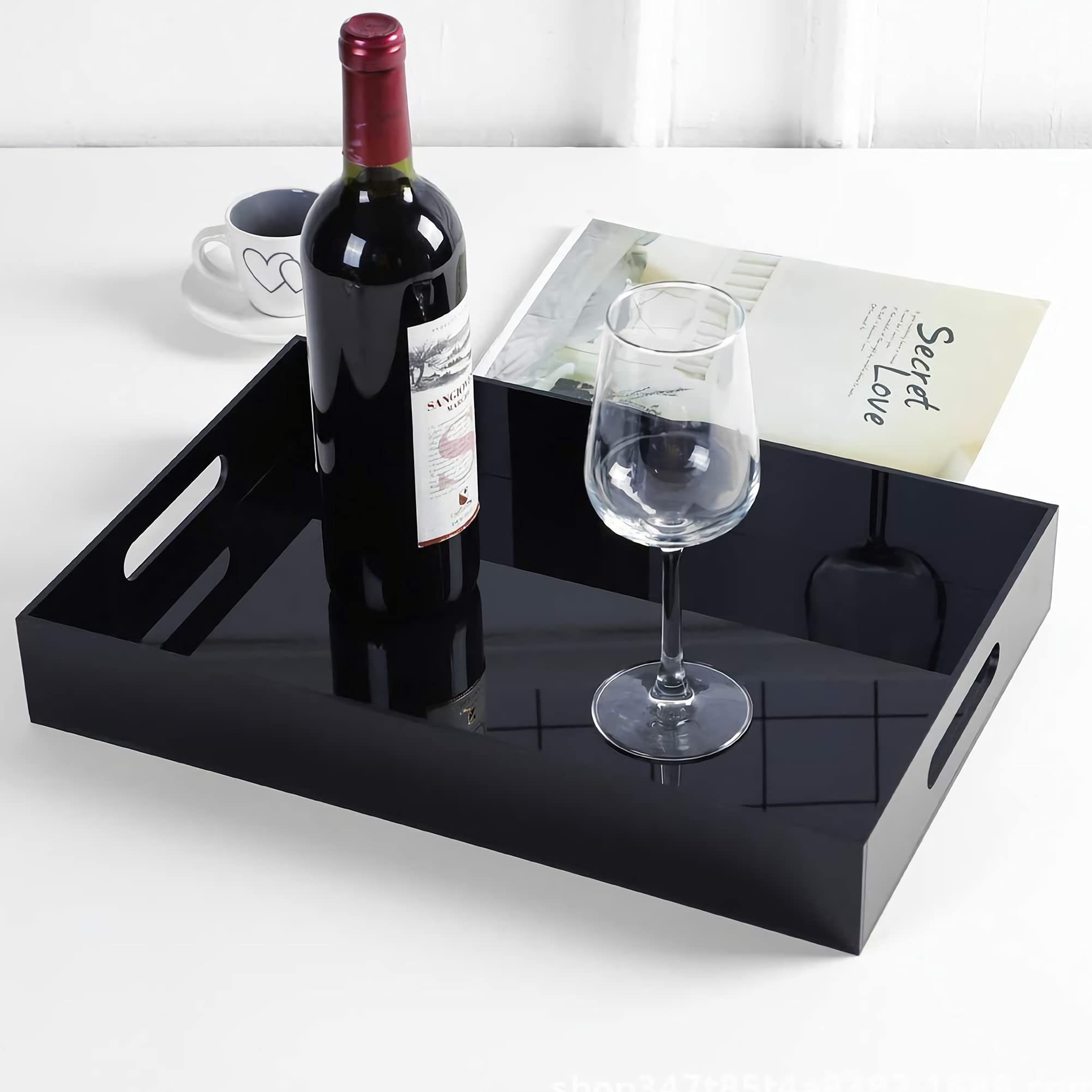 WUWEOT Acrylic Serving Tray, 16" x 12" Spill Proof Rectangle Tray with Handle for All Occasion's, Decorative Tray Organiser for Food, Tea, Breakfast, Ottoman or Coffee Table, Black