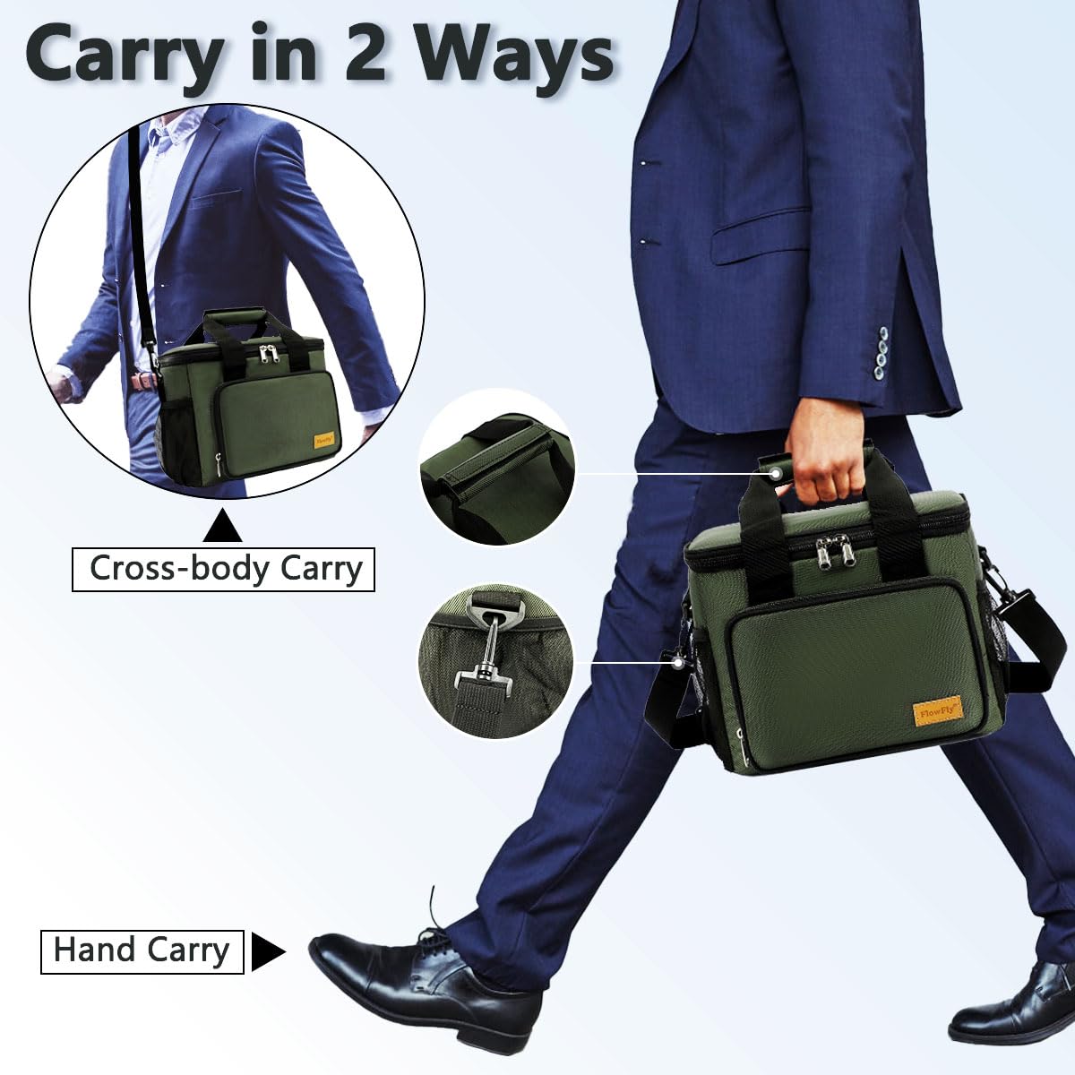 FlowFly Insulated Lunch Bag Adult Lunch Box Large Cooler Tote Bag with Top Handle for Men, Women, with Adjustable Strap,Front Pocket and Dual Large Mesh Side Pockets, ArmyGreen