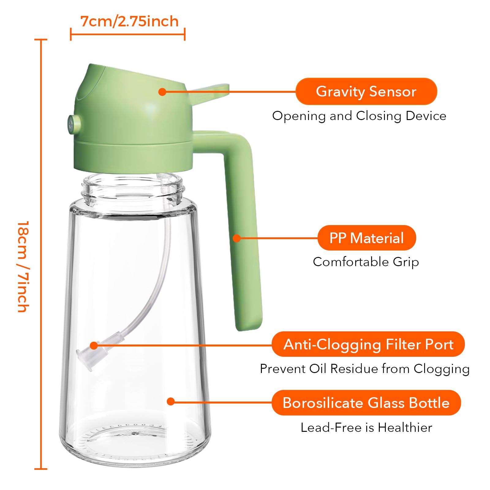 YARRAMATE Olive Oil Dispenser, 2 in 1 Oil Sprayer for Cooking, 16oz/470ml Glass Oil Spray Bottle with Pourer, Food-grade Dispenser for Kitchen, Salad, Frying, BBQ (Black & Green)