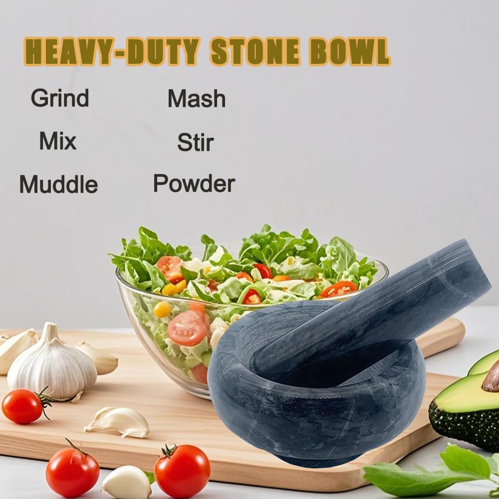 Marble Mortar and Pestle Set, Hibucuo Small 3.5 Inches Grinder Bowl for Guacamole,Pestos Seasonings Pastes, Salsa, Pills Crusher, Spice, Herb, Garlic, Nut, Heavy Duty Grinder Black