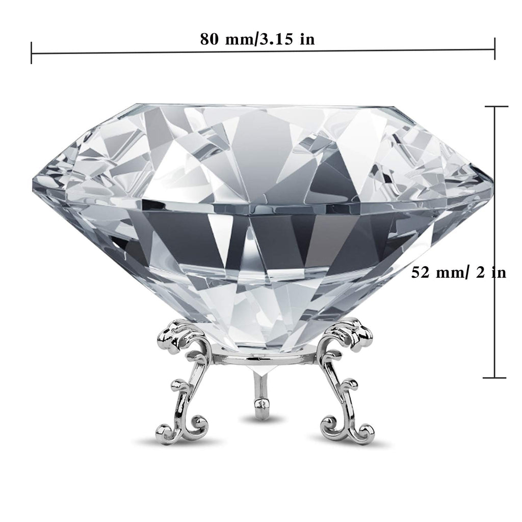80MM Clear Crystal Diamond Paperweight with Metal Stand Large Diamond Jewels Wedding Decorations Centerpieces Home Decor (3.15 inch)