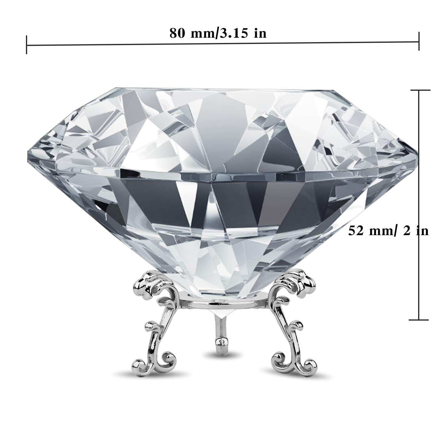 80MM Clear Crystal Diamond Paperweight with Metal Stand Large Diamond Jewels Wedding Decorations Centerpieces Home Decor (3.15 inch)
