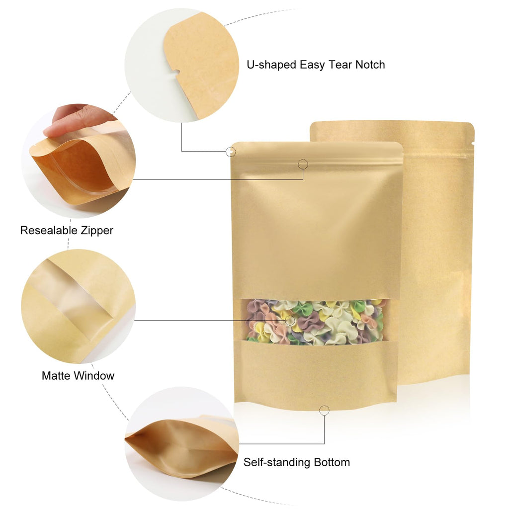 SumDirect Kraft Zipper Stand Up Food Bags Pouches with Notch and Matte Window,4.7x8 Inches,2.4oz,Pack of 50