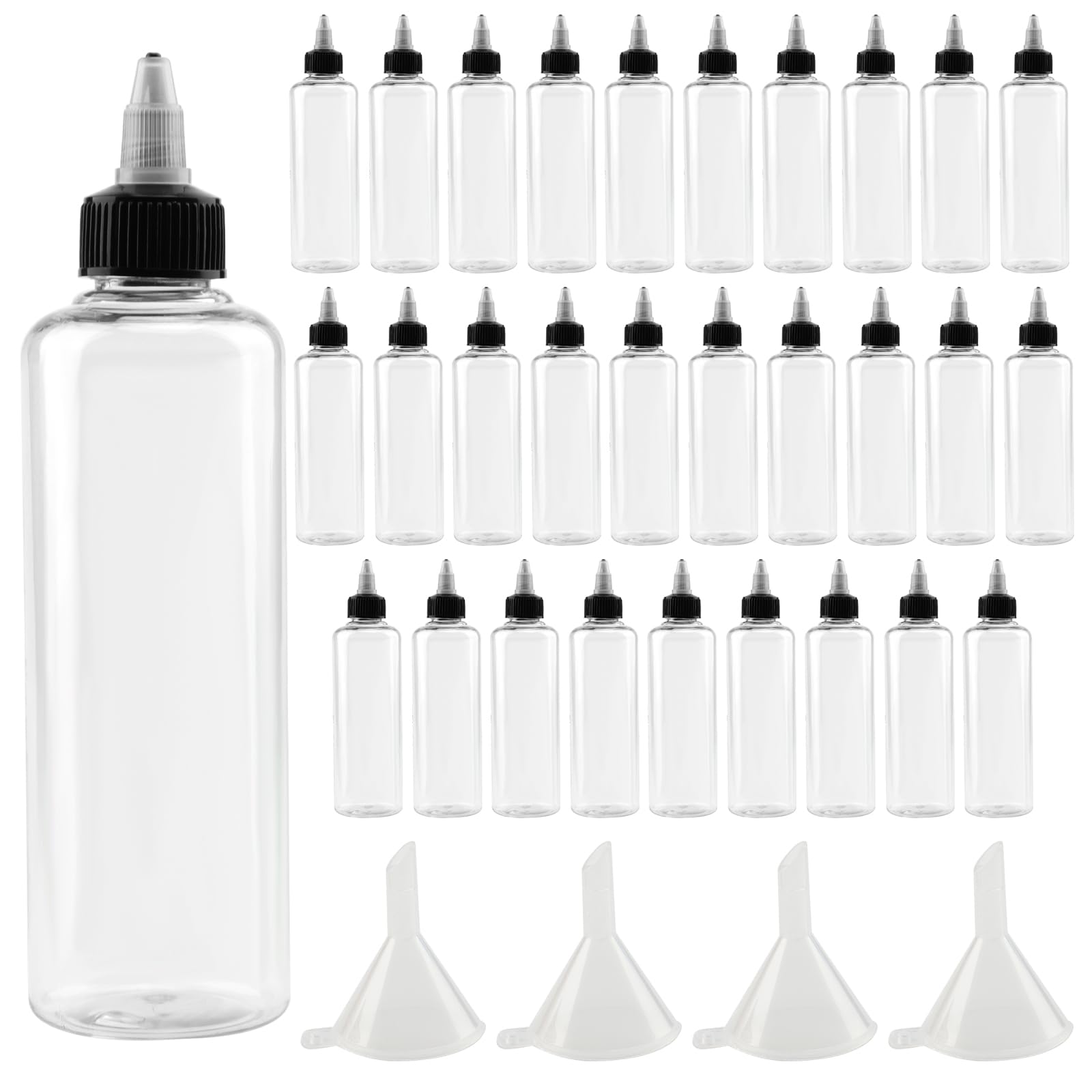MAHIONG 30 PCS 8 oz Plastic Squeeze Bottles, Round Dispensing Bottles with Twist Top Cap and Funnel for Crafts, Kitchen, Household, Clear