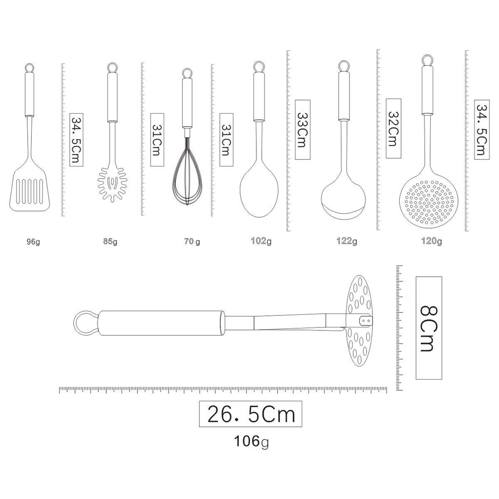 Berglander Stainless Steel Kitchen Utensil 7 Piece with 1 Stand, Slotted Tuner, Ladle, Skimmer, Serving Spoon, Pasta Server,Potato Maseher, Egg Whisk. Kitchen Tool Set. Kitchenware with Holder.