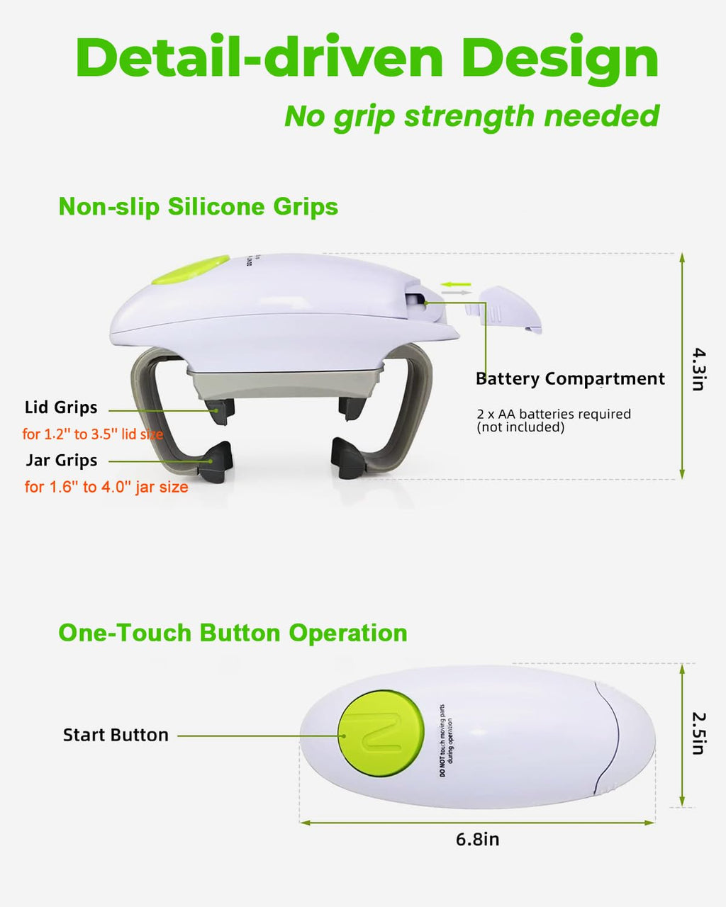 Electric Jar Opener for Arthritis Hands, Automatic One Touch Glass Jar Opener for Seniors, Battery Powered Jar Opener for Weak Hands, Powerful Kitchen Gaget Suitable for Different Sizes of Jars
