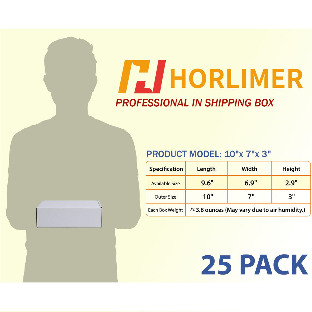 HORLIMER 10x7x3 inches Shipping Boxes Set of 25, White Corrugated Cardboard Box Literature Mailer