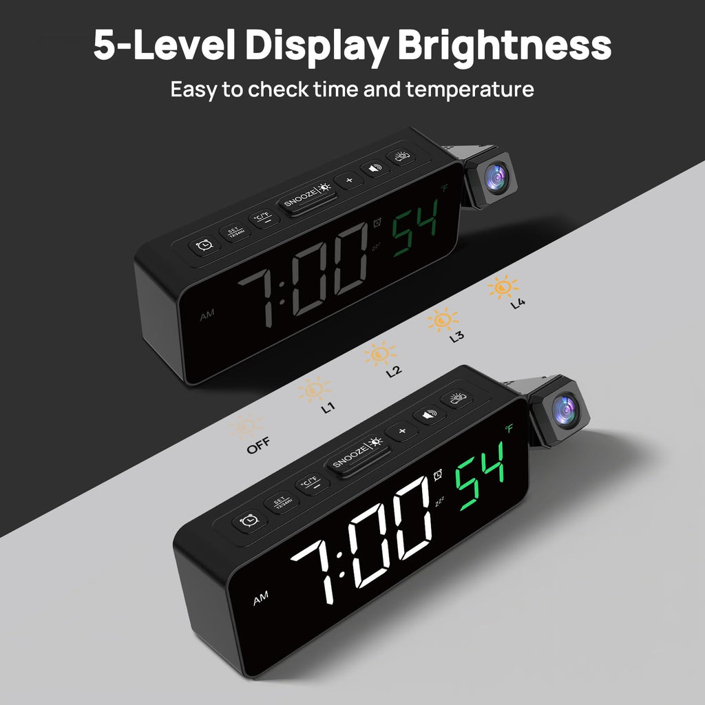 Netzu Projection Alarm Clock for Bedroom Ceiling, Compact Plug-in Digital Clocks with 180° Rotatable Projector, Temperature, 4 Levels Birghtness, 3 Volumes and Snooze (Black)